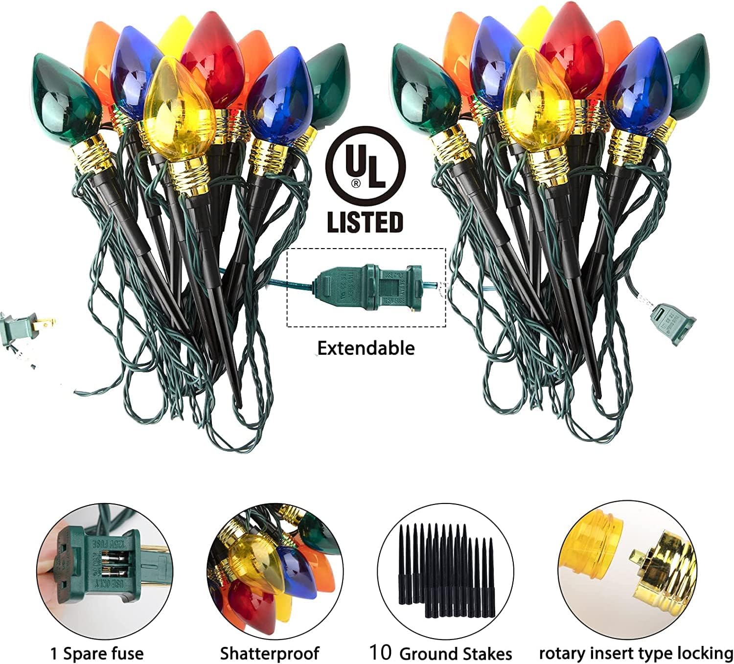 Brightown C9 Christmas Pathway Lights Outdoor-17.4 Ft 10 Lights C9 Walkway Lights Waterproof for Ground Sidewalk Driveway Yard Outdoor Christmas Decorations