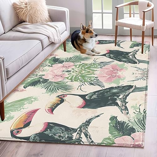 Miniatura 3 de 3x5 Area Rugs, Summer Parrot Non-Skid Rubber Backing Large Rectangle Rugs - Living Room Bedroom Home Office, Retro Watercolor Flower Palm Leaves