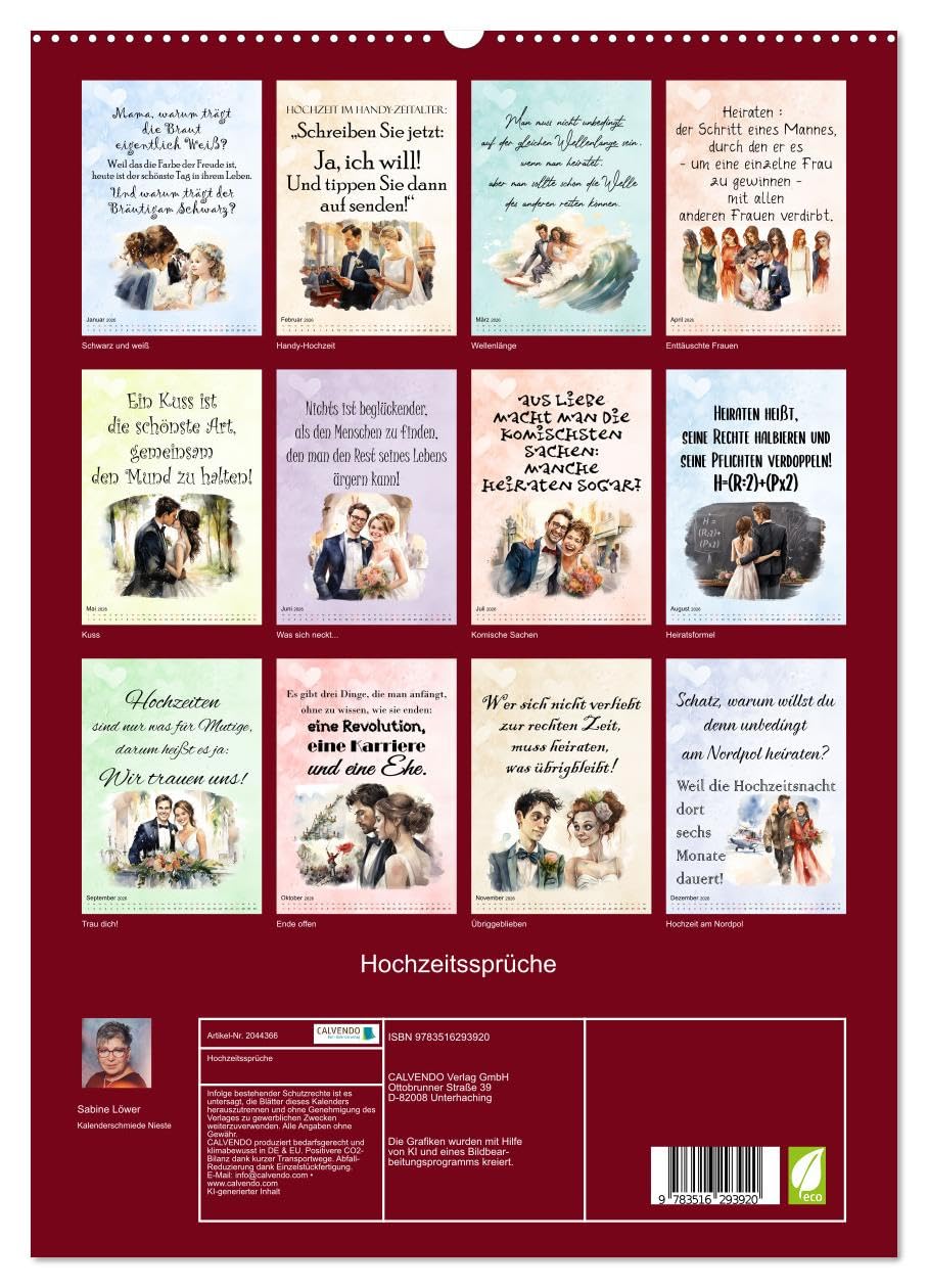 Hochzeitssprüche (hochwertiger Premium Wandkalender 2026 DIN A2 hoch), Kunstdruck in Hochglanz: Coole Sprüche rund ums Heiraten (CALVENDO Spass)