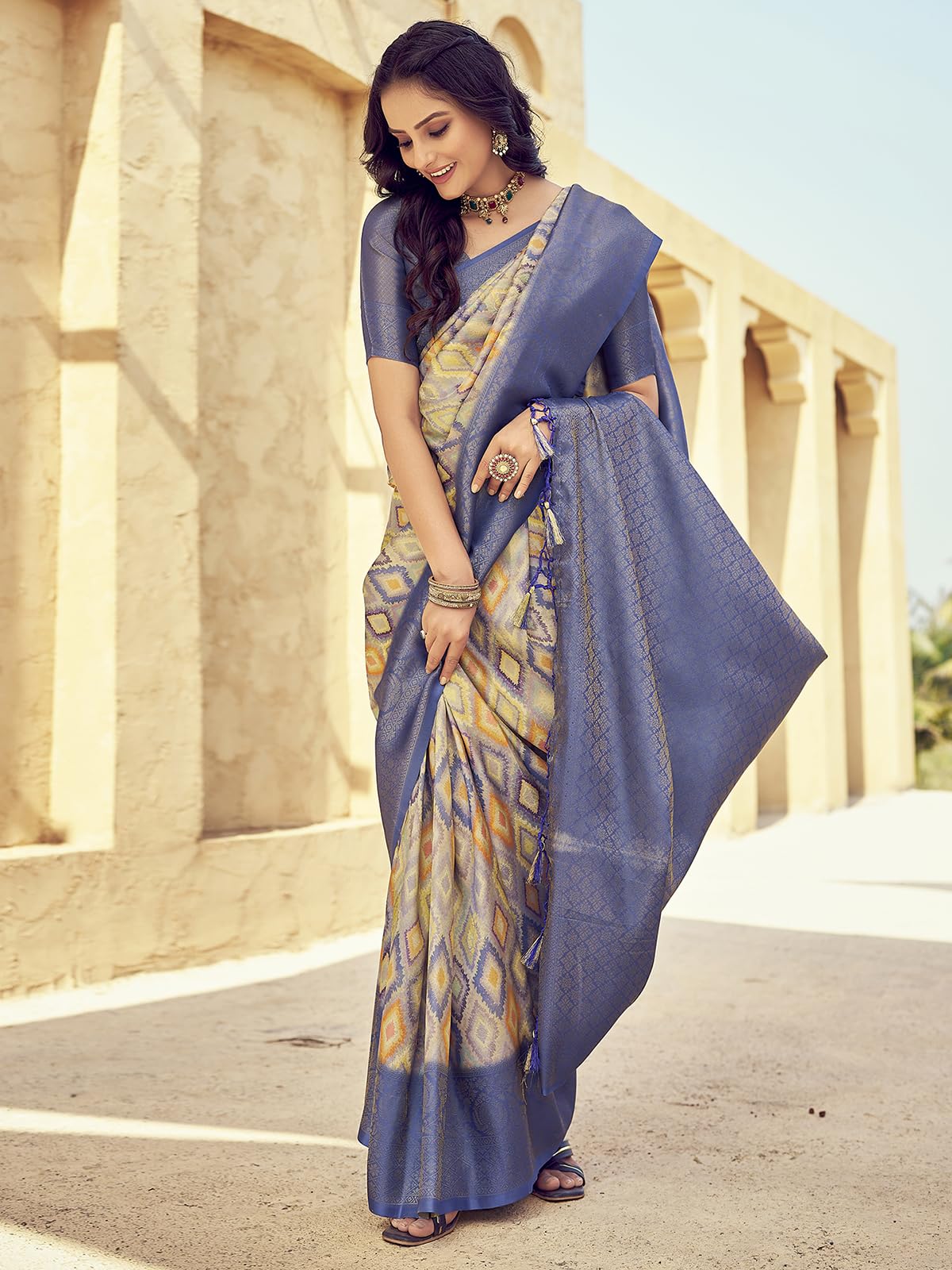 Satrani Women's Art Silk Digital Printed Jacquard Ready To Wear Saree With Unstitched Blouse Piece (6Rs107N_Blue & Multi)