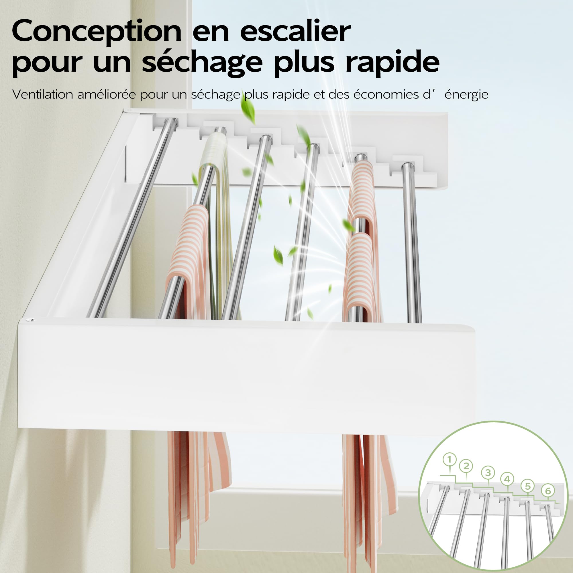 Vikaqi Étendoir à Linge Mural 100 cm, Séchoir Mural Pliable pour Intérieur, Séchoir à Linge Rabattable, Porte-Serviettes avec Gabarit de Perçage, 6 Barres, Blanc