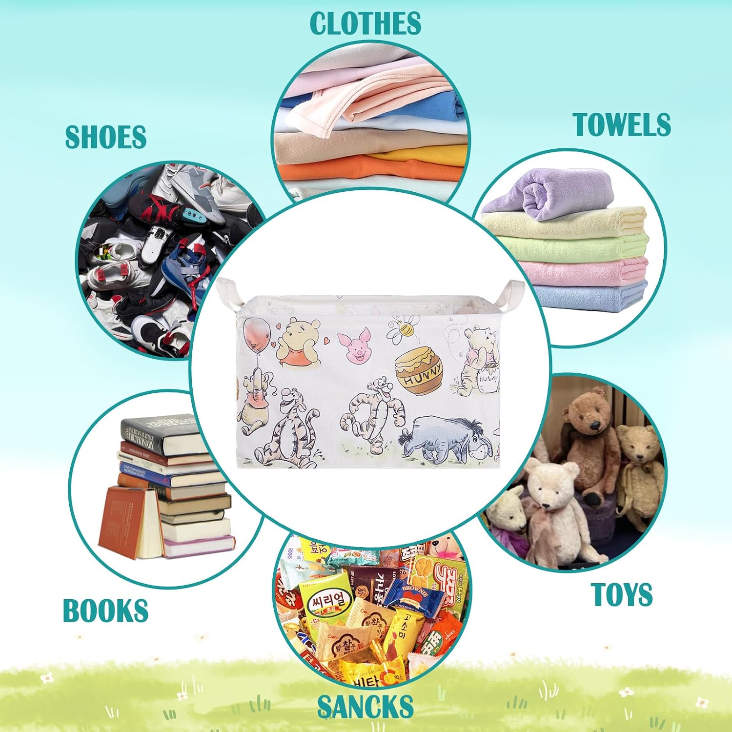 Rectangle Bear Nursery Storage Basket with Waterproof Pe Coating,Large Hamper Canvas Laundry Basket Foldable,Decorative Storage Baskets for Clothes,Toy Bin,Bathroom,Bedroom (White)