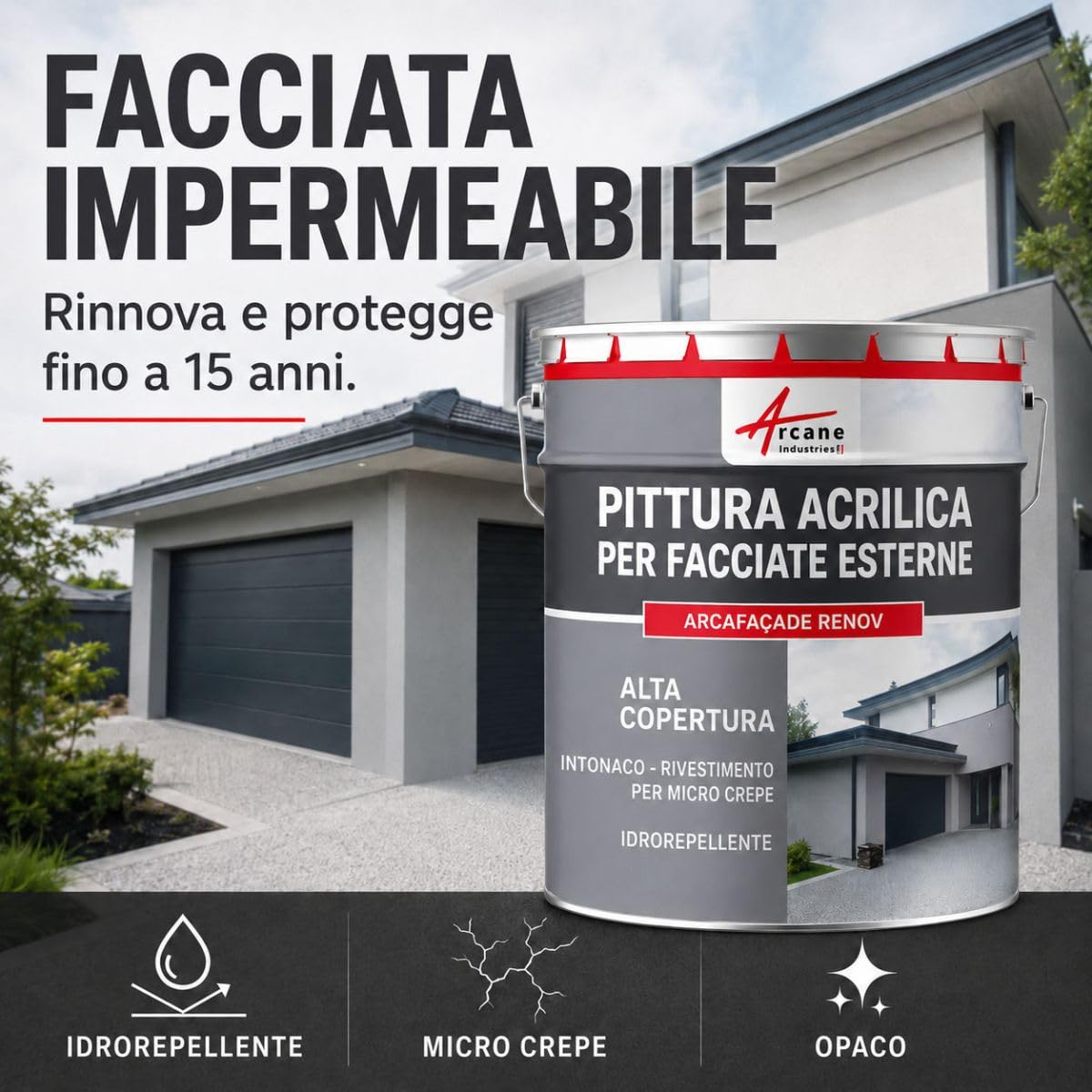 Pittura Facciata Acrilica per Intonaco 2,5 L Bianco | Impermeabilizza le Facciate, Copre le Microfessure, Microporosa, Alto Potere Coprente, Finitura Opaca - Arcane Industries