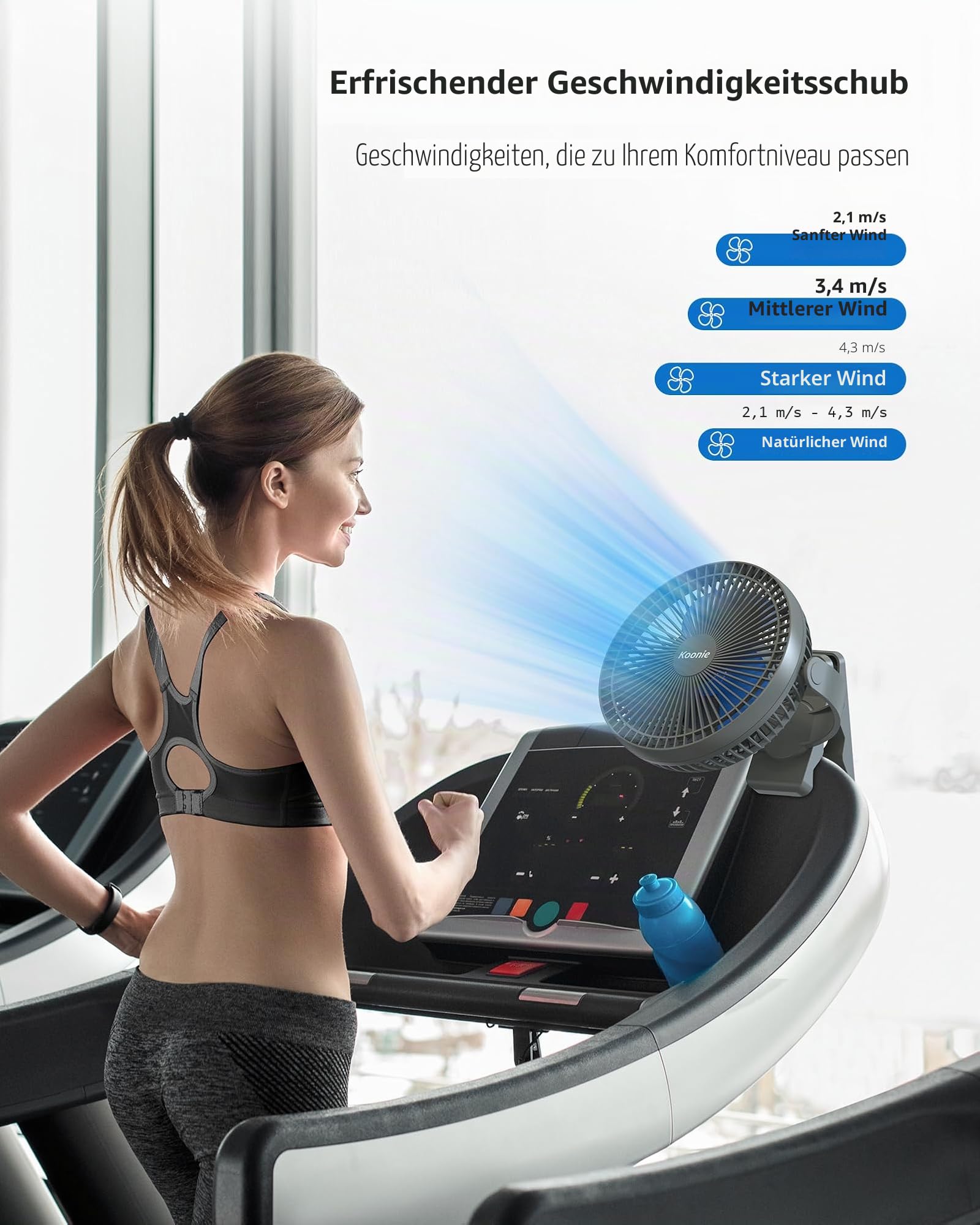 Koonie USB Clip Ventilator 10000mAh 20cm Tischventilator 4 Geschwindigkeiten 360° Drehung Leise Wandventilator