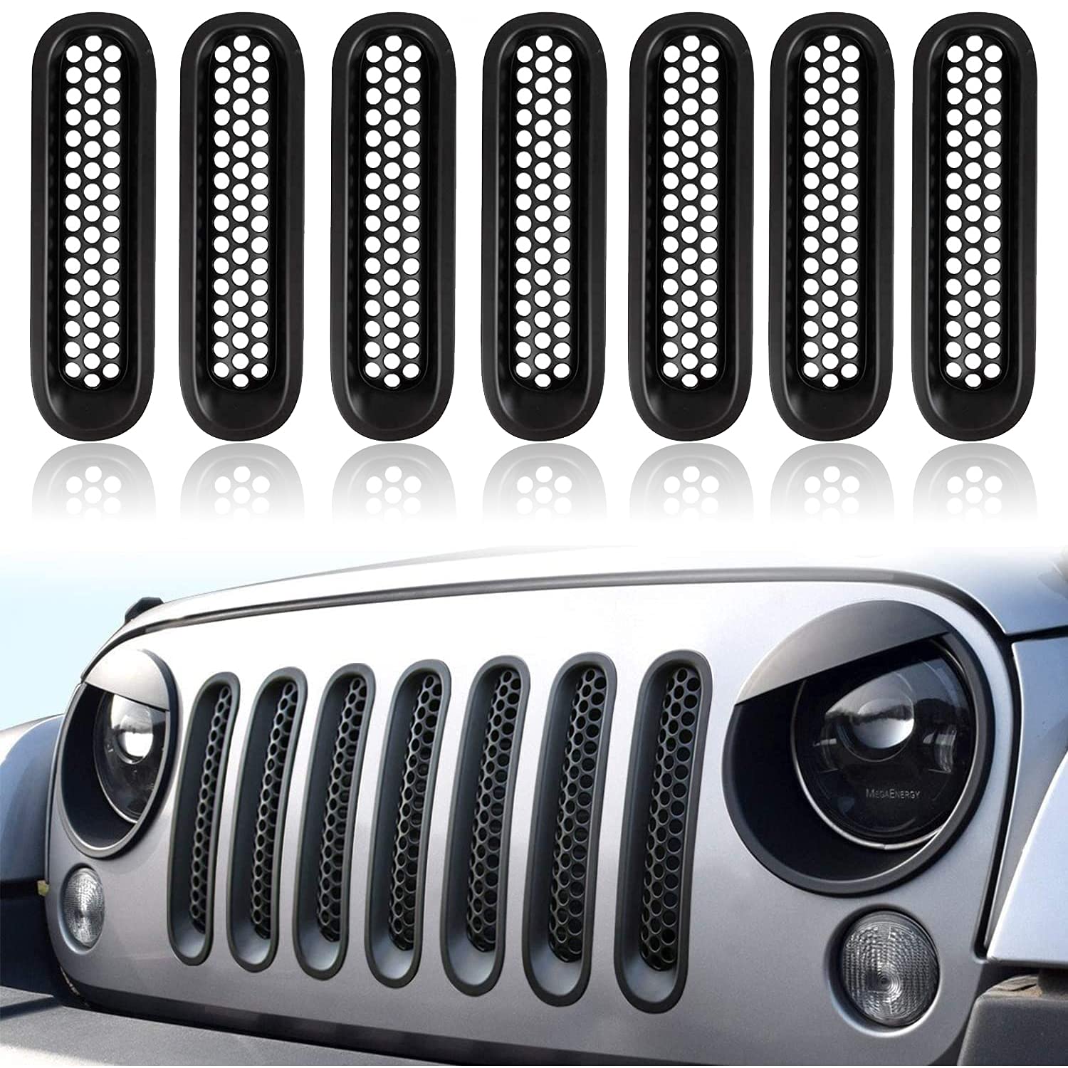 Angju 7 Pieces Front Grill Mesh Inserts Clip-in Grille Guard for 2007~2017 Jeep Wrangler JK JKU Unlimited Rubicon Sahara