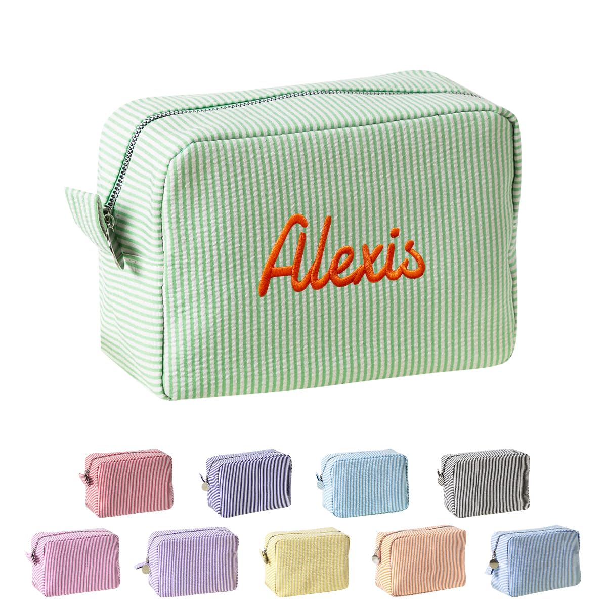 Ulico Personalized Cosmetic Bag Embroidered Name,Custom Monogrammed Makeup Bag，Seersucker Travel Toiletry Bag for Women Girls, Green