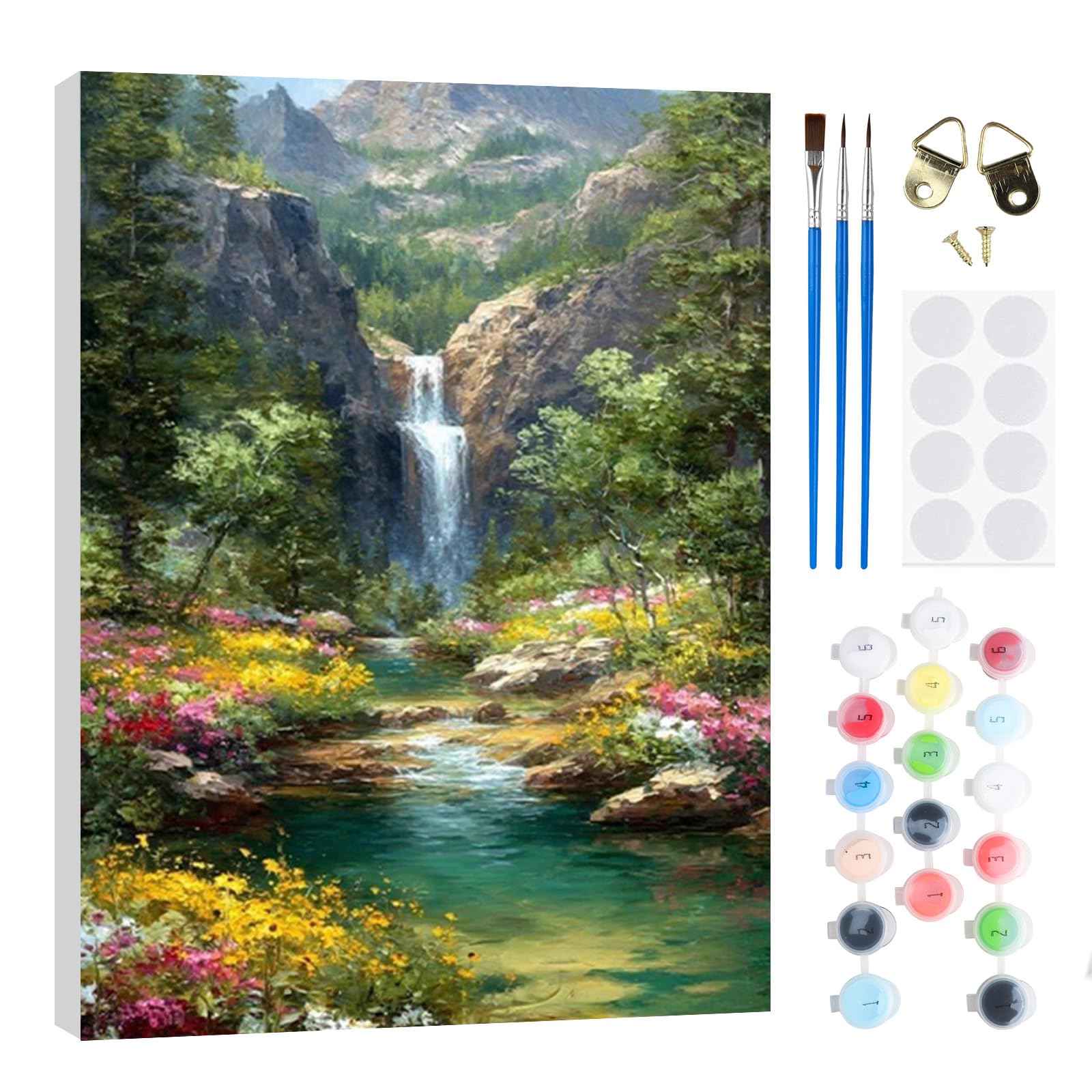 RICUVED Waterfall Paint by Numbers Kits for Adults Kids,Natural Landscape Painting Kits for Beginners On Clear Symbols Canvas with Wooden Framed, Easy DIY Acrylic Pigment Drawing Paintwork 20x30cm