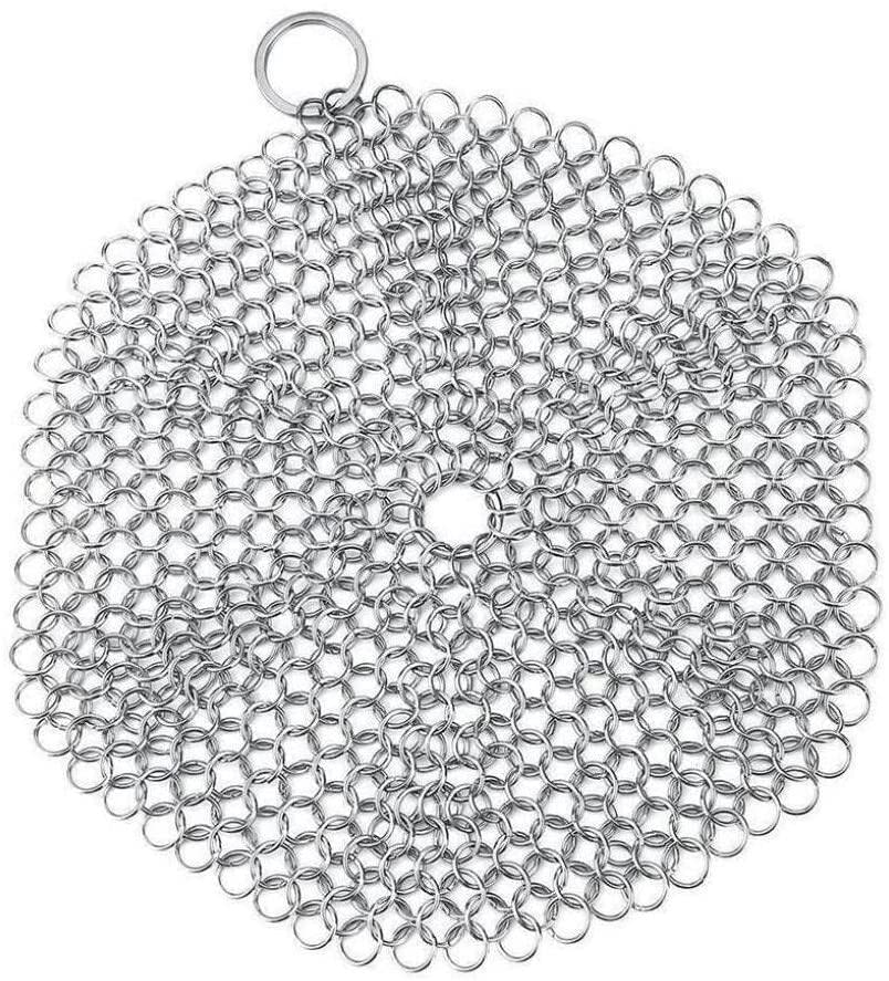 Generic 1Pcs Round Cast Iron Cleaner with Durable Plastic Pan Grill Scrapers Anti-Rust Stainless Steel Chainmail Scrubber Pot Skillets Griddles Woks Cleaning Brush Nice Design