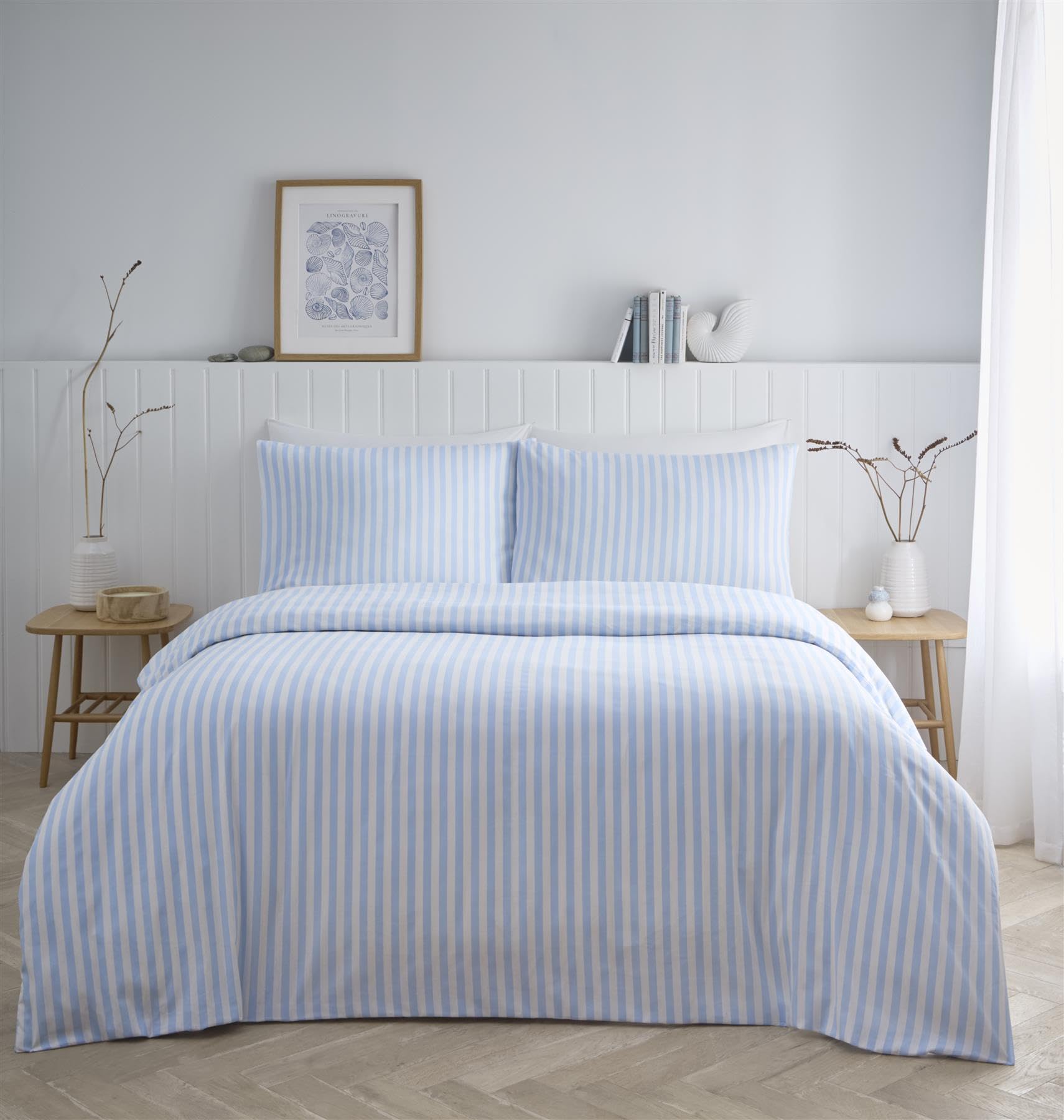 Kampala Hill Pencil Stripe Blue Duvet Cover Set Double Bedding Set with Pillowcases