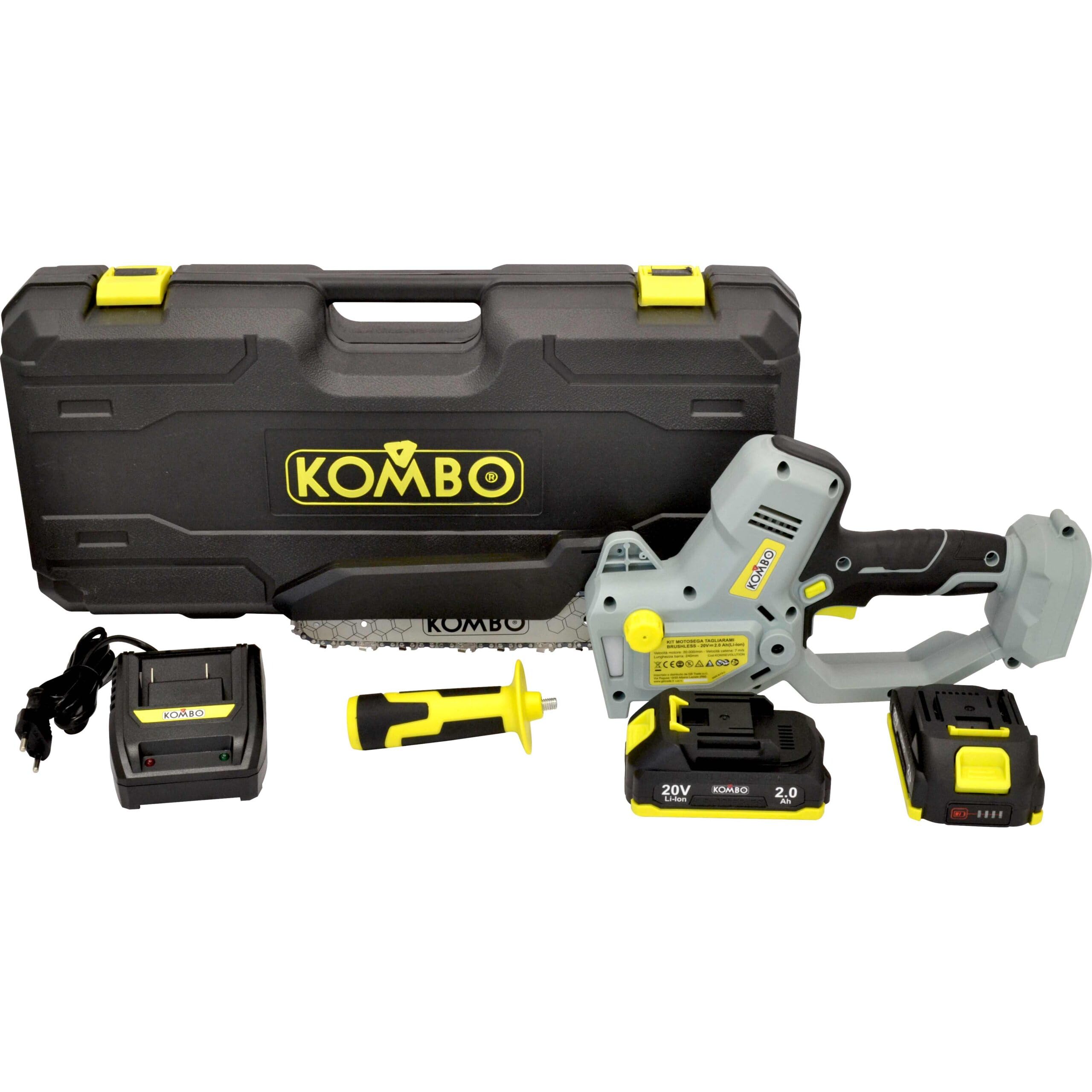 KOMBO Garden - Kit Valigetta con Motosega 20V BRUSHLESS - 2 Batterie Incluse, Taglio 18 cm, Barra da 24 cm, Catena 1/​4" 45 Maglie
