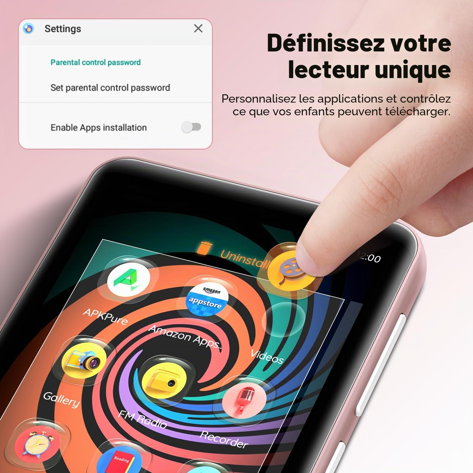 Lecteur MP3 160 Go avec Bluetooth et WiFi, Lecteur MP3 innioasis avec Spotify, 4 Pouces à écran Tactile Android MP4 pour Enfants avec Libby, Audible, Spotify Kids