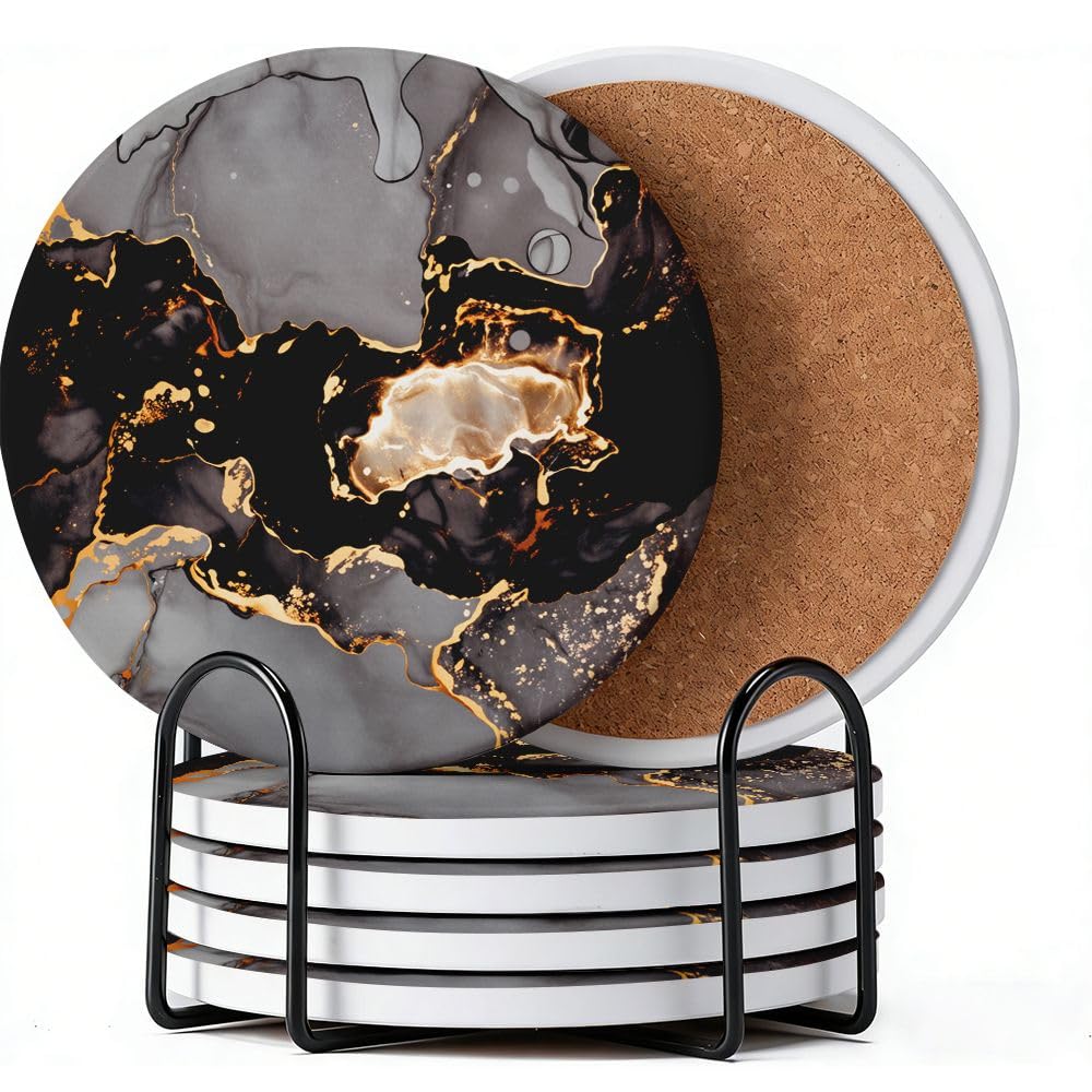 Ceramic Coasters Set of 6, Marble Style,Black