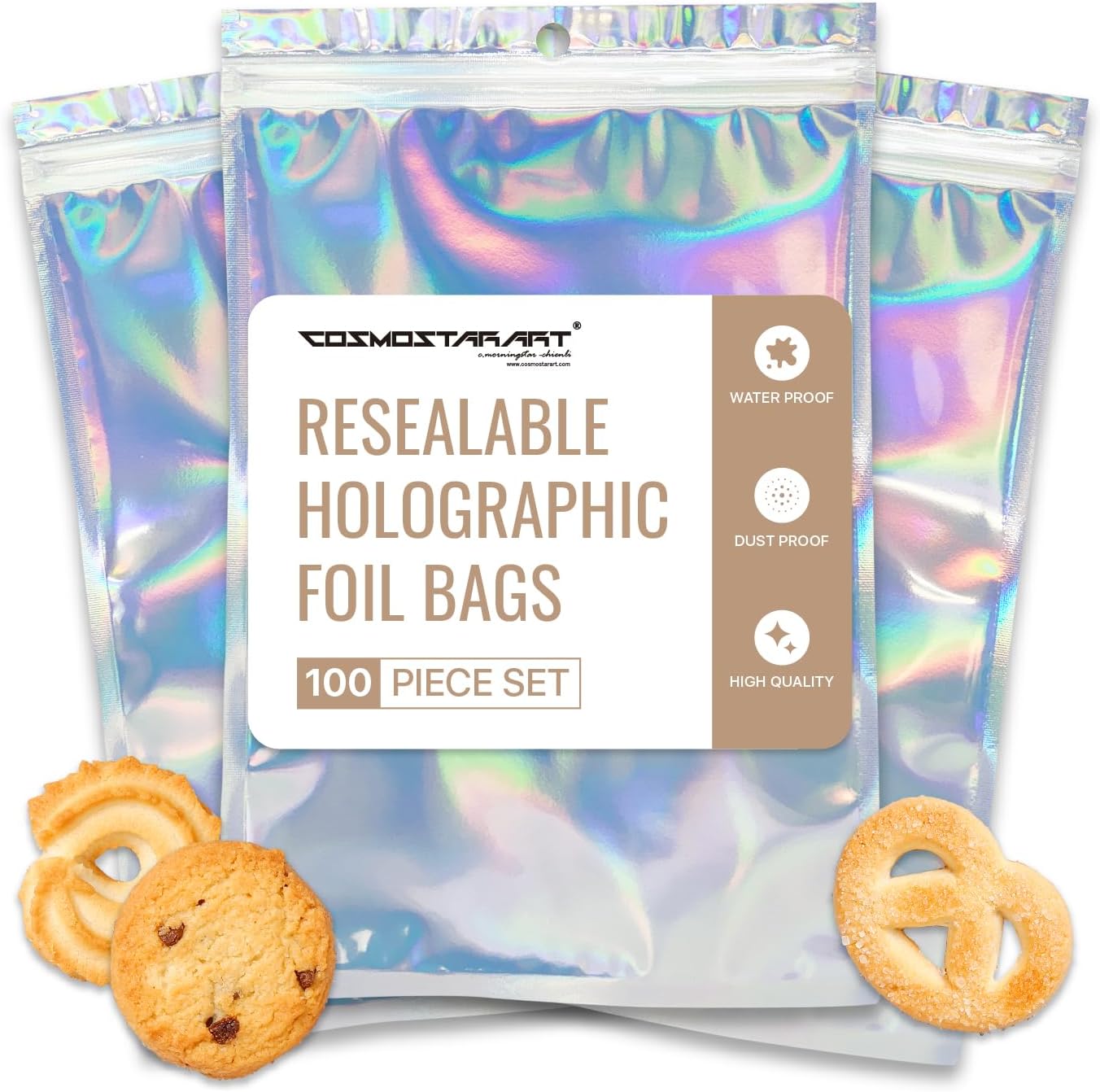 COSMOSTARART 100 Pack Mylar Bags, Holographic Bags