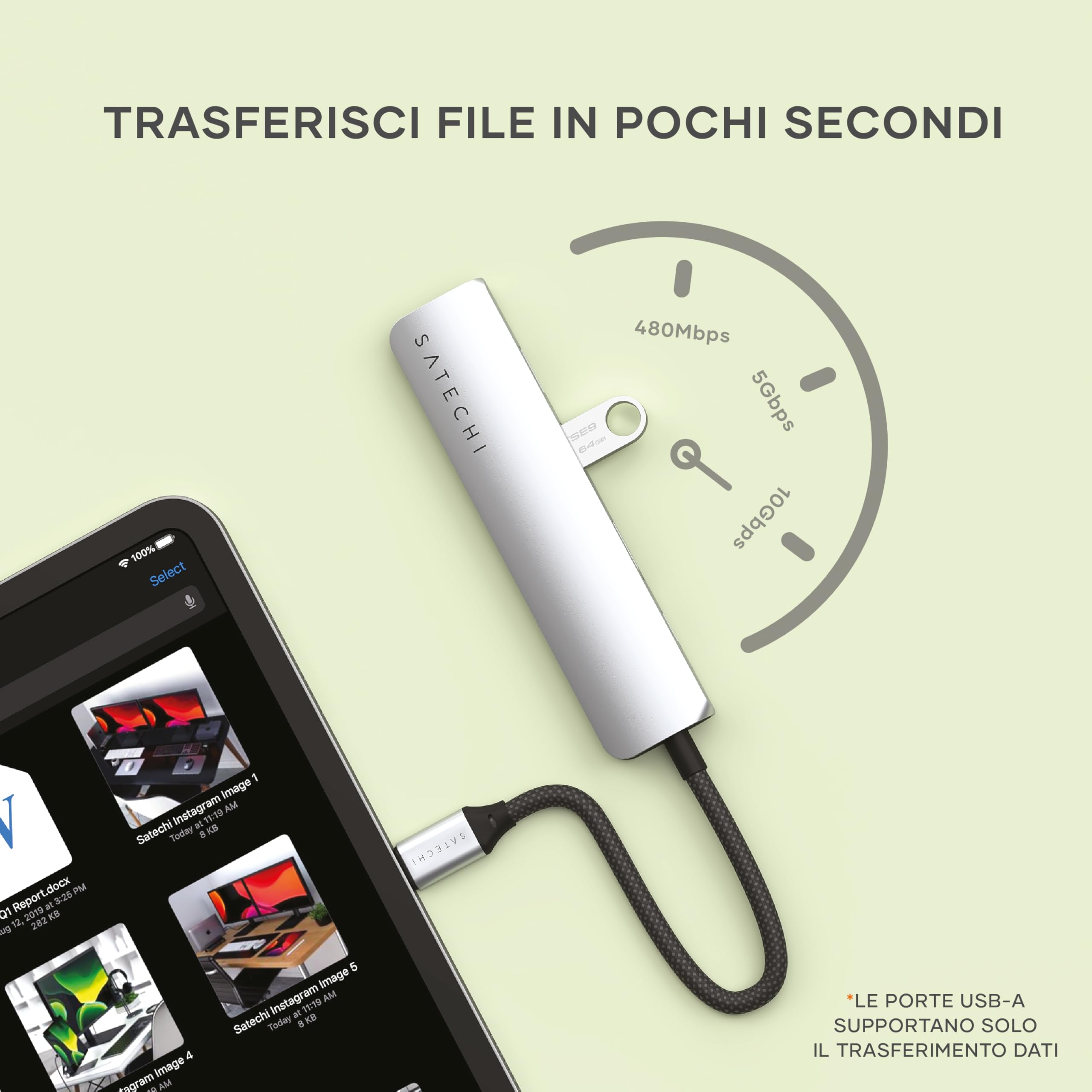 SATECHI Hub USB C 6 in 1 Slim Plus, PD 100W, HDMI 4K, Argento | 2x Porte USB-A 10Gbps, video 4K@60Hz, lettori SD/microSD, per MacBook Air/Pro/Neo, Windows e altro
