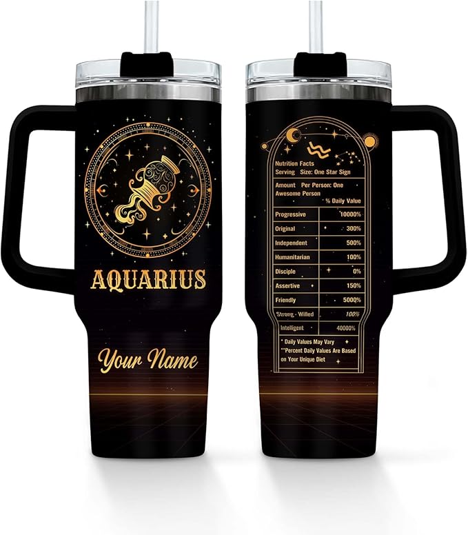 Personalized Zodiac Signs - Aquarius - 40 Oz Tumbler with Handle and Straw Lid, Custom Tumbler with Name Insulated Coffee Mug Stainless Steel Travel Mug, Birthday Gifts for Women Men