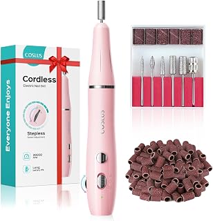 COSLUS Cordless Electric Nail Drill File: Nail Drill Machine with Stepless Speed Knob for Acrylic Gel Dip Powder Polish, Professional Portable Manicure Pedicure Rechargeable for Home Salon Use Pink