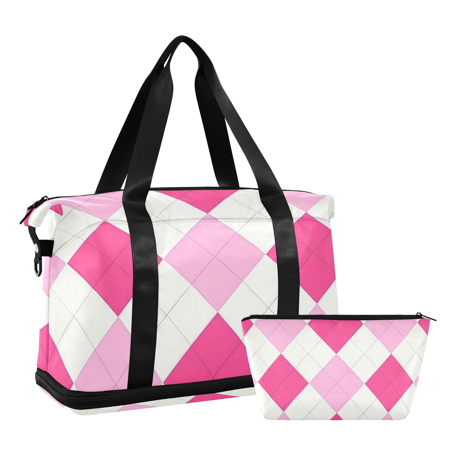 Bolsa de viaje a cuadros magenta con bolsillo húmedo y correa ajustable para viajes, juego de 2 piezas para hombres y mujeres