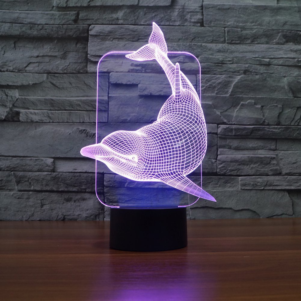 Wantaste Dolphin 3D LED Night Light - 7 Color Changing Optical Illusion Lamp, USB Powered, Room Decor & Kids Gift