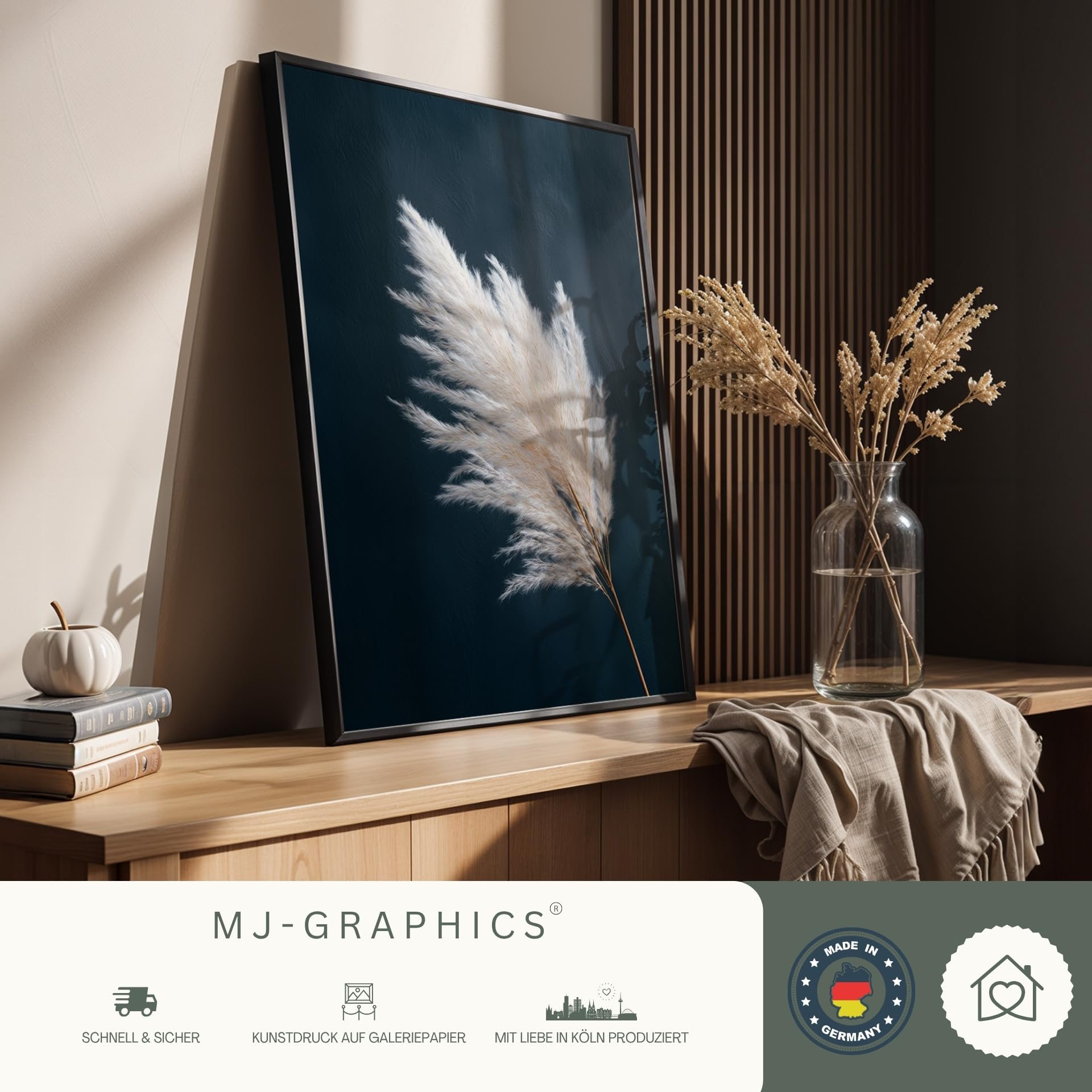 MJ-GRAPHICS® Poster Set Dunkelblau Pampasgras 2x A2 cm mit Rahmen Boho Wandbilder Kunstdrucke modern Bilder Set Wohnzimmer Schlafzimmer Deko Beige Blau Pflanzen