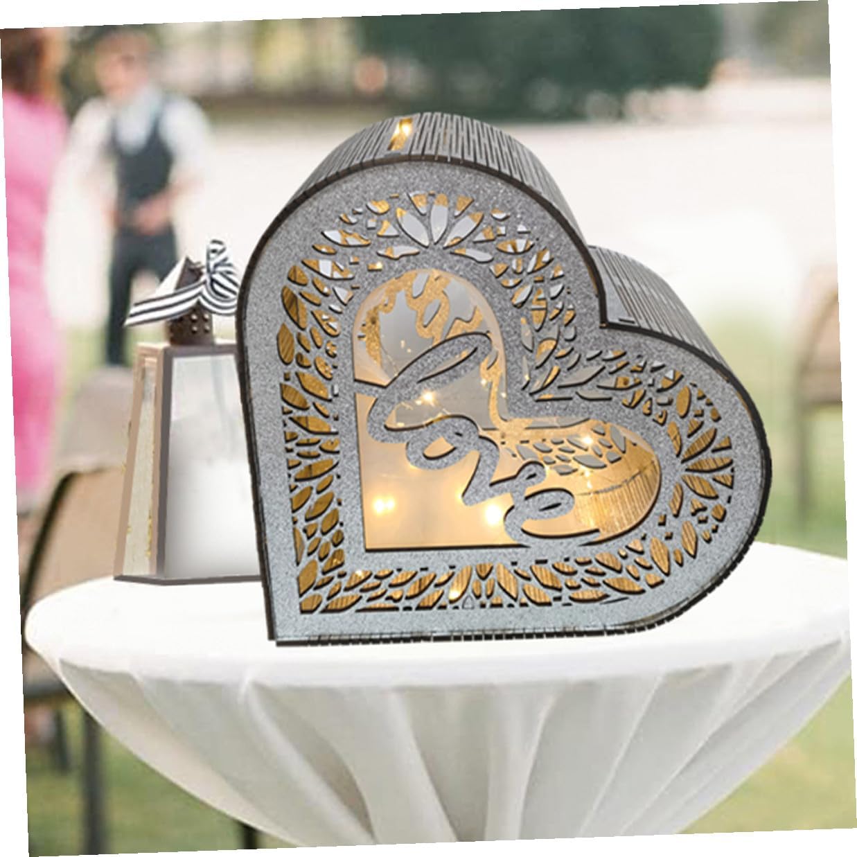 Luxshiny Wooden Heart-shaped Hollow Glitter Card Box Wedding Reception Envelope Money Holder Anniversary Card Storage Decorative Box for Valentine’s Day Party