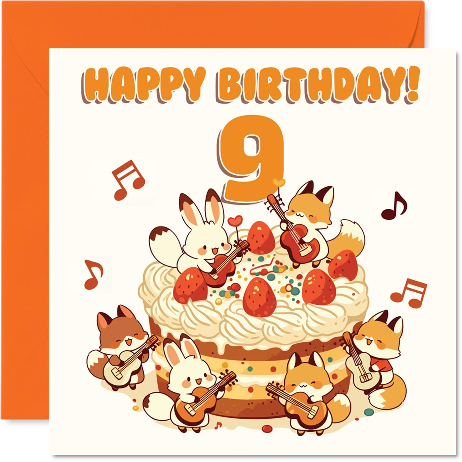 Playful 9th Birthday Card - Bursting with Birthday Cheer - Adorable Animals Strumming Guitars Around a Cake - 145mm Square, Envelope Included