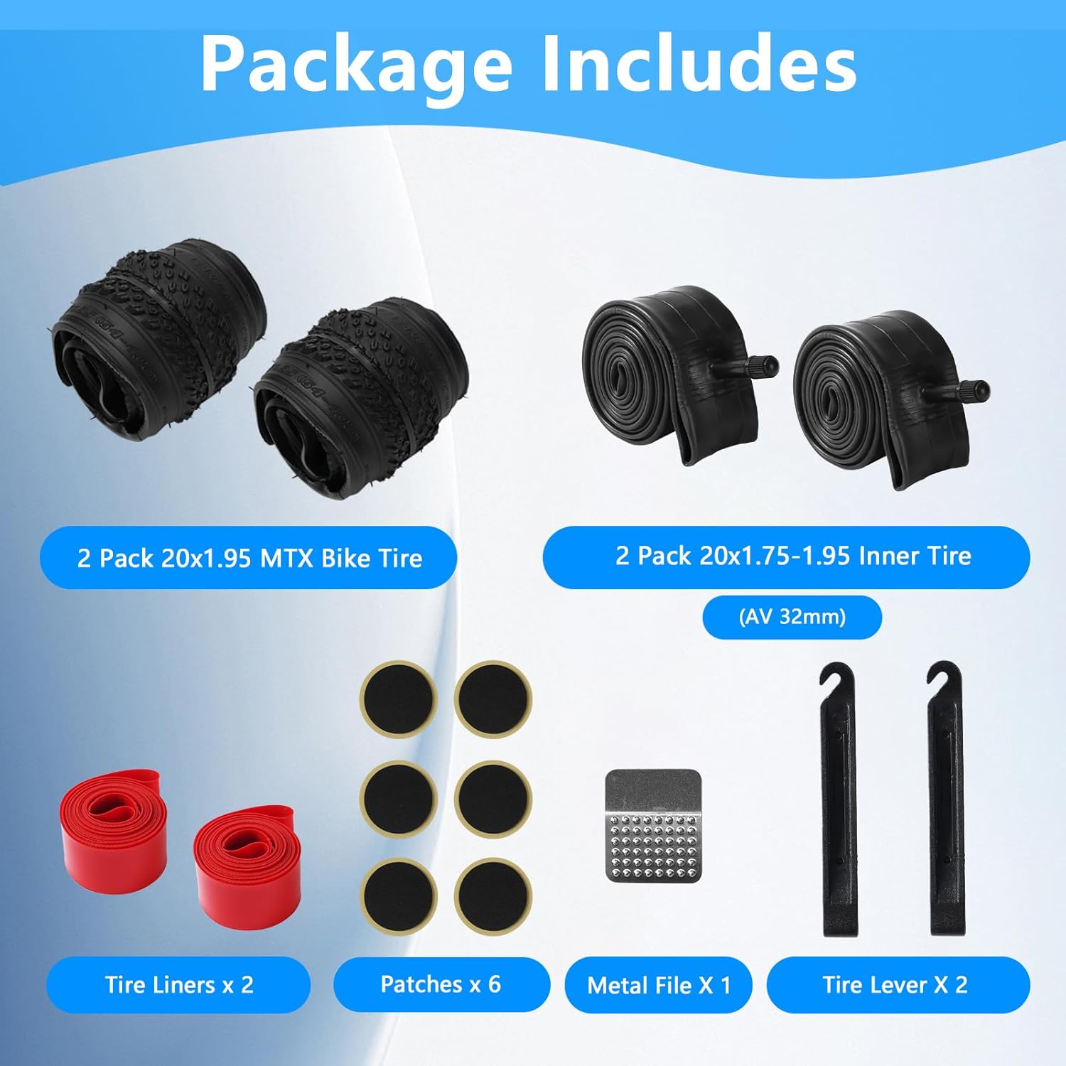2-Pack Mountain Bike Tires and Tubes Set, 20/24/26 Inch Folding Replacement Tires, High Performance Puncture-Resistant Inner Tubes with Tire Levers, Liners & Repair Tool