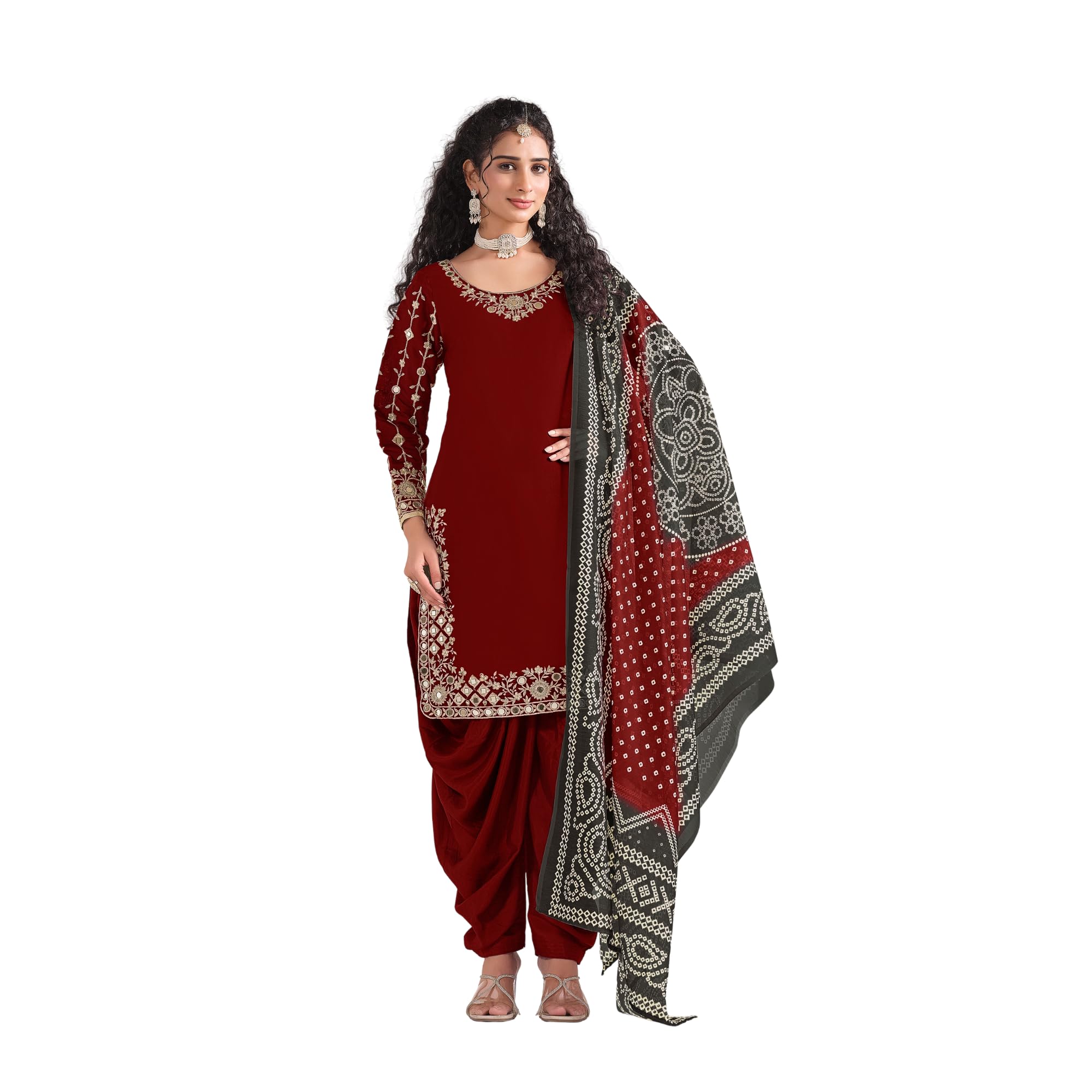 Designer Roman Silk Embroidered Patiala Salwar Suit with Printed Dupatta for Women Festive Party Wear