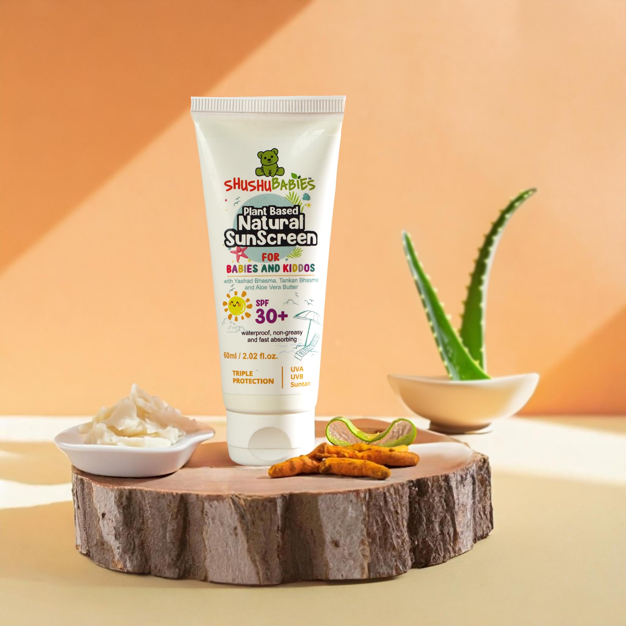 ShuShu Babies Natural Sunscreen For Babies & Kids (60ml) - Plant-Based with SPF 30+, UVA/UVB Protection, Chemical Free, Non-Sticky & Water-Resistant Moisturizing Lotion for 0-12 Years (Pack of 1)