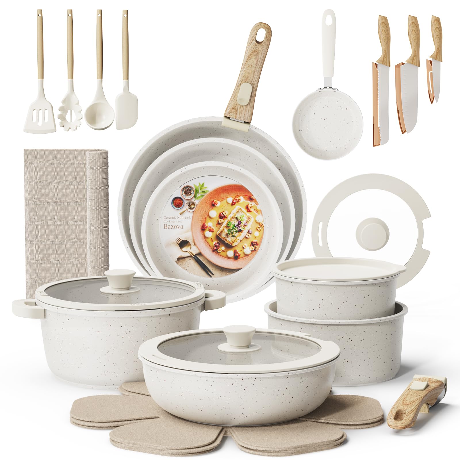 31Pcs Pots and Pans Set Non Stick Ceramic Cookware Set w/Removable Handle