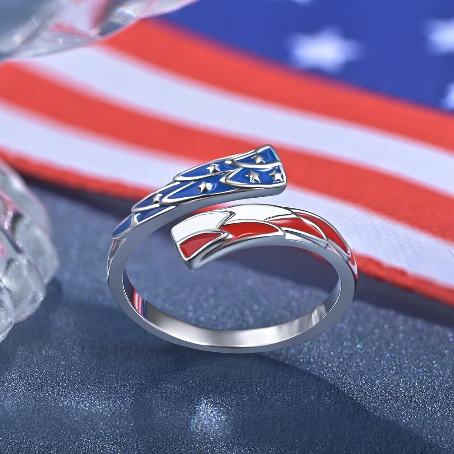 Sterling Silver Plated American Flag Ring Patriotic Star Gifts for Women | Adjustment Red White and Blue Design 4th of July Independence Day Memorial Day Jewelry