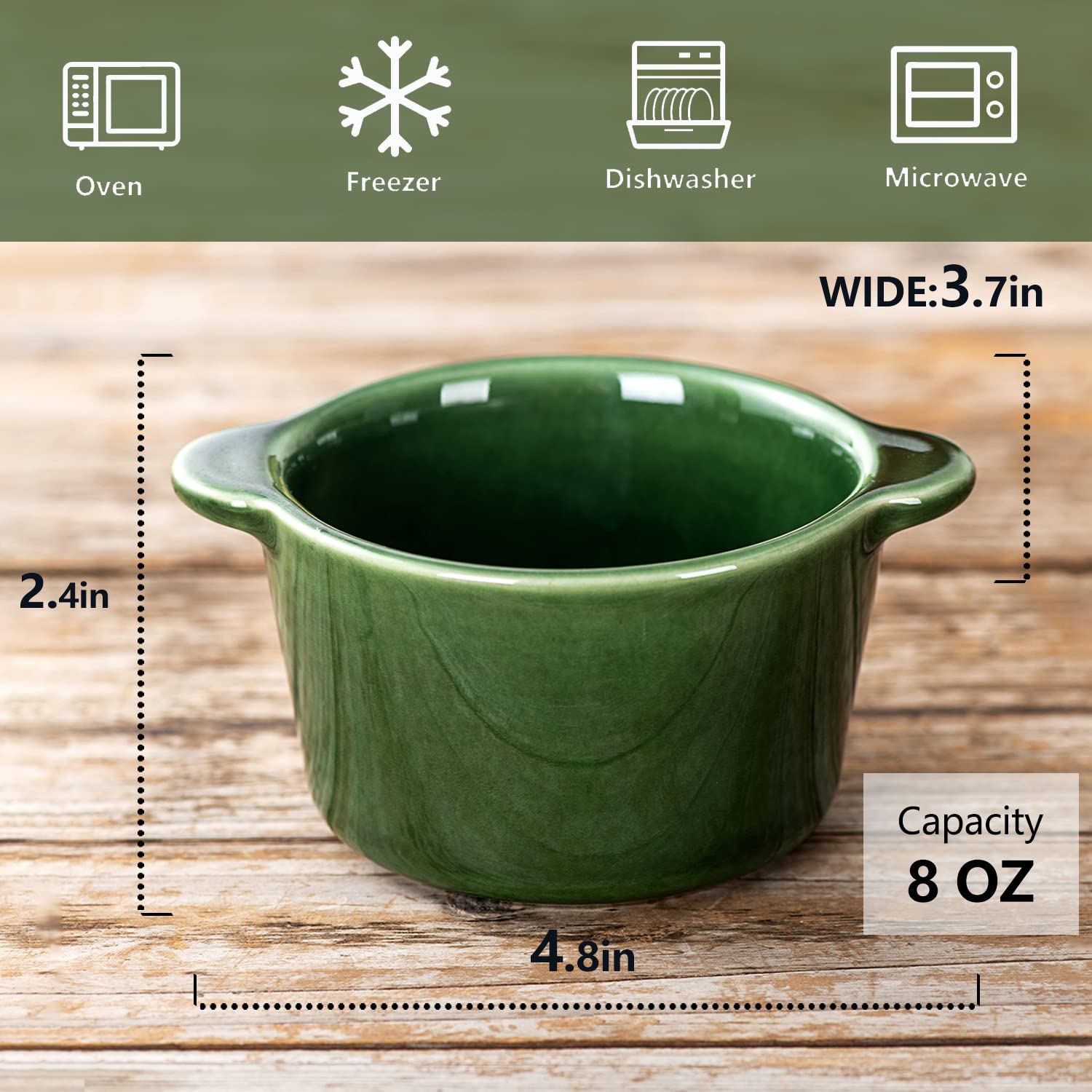 Creme Brulee Ramekins Ceramic Bowls - VICRAYS Mini Custard Cups 8 oz oven Safe Bowls Souffle Dishes for Baking Individual Casserole Dipping Sauce Pioneer Woman Bakeware Set of 6, Green - Image 4
