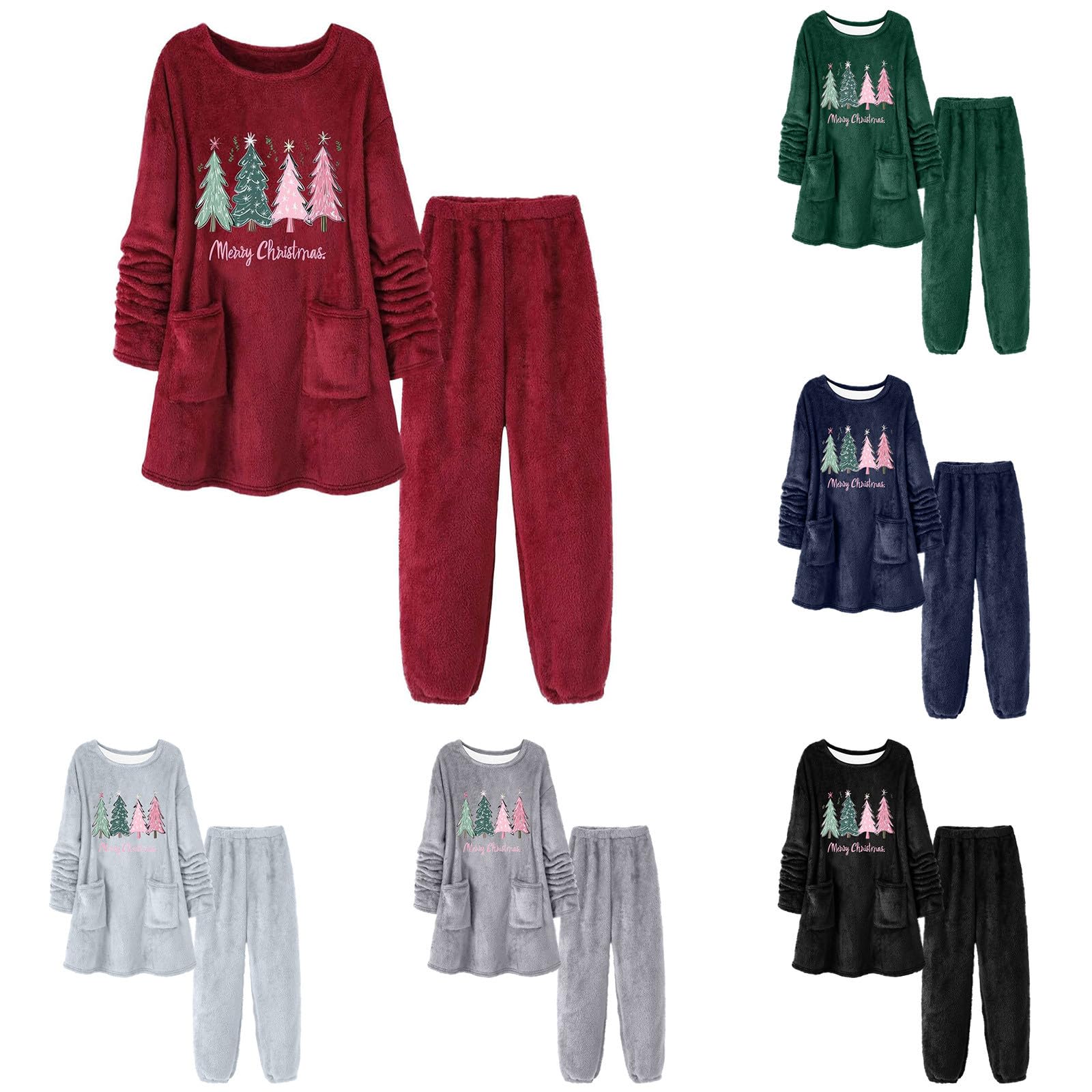 Pijama de Navidad para mujer, largo, mullido, conjunto de pijama de árbol de Navidad, ropa de dormir de 2 piezas, suéter y pantalones de salón, franela de forro polar, ropa de dormir Merry