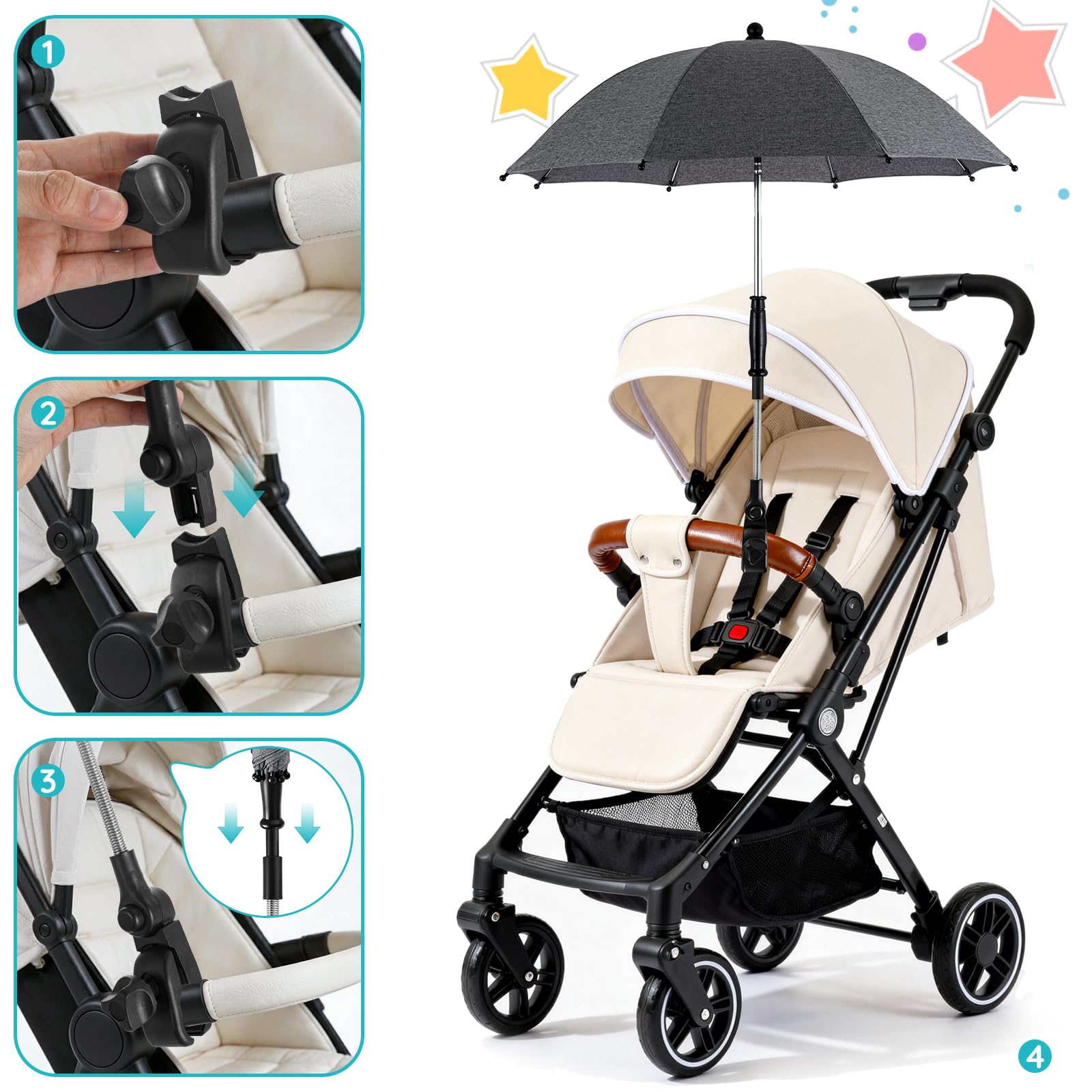Ombrelle Poussette,Parasol UPF50+Ppour Poussette Canne,Protection Solaire Flexible de 76 cm de Diamètre, Facile à Installer sur des Tubes Rronds et Ovales