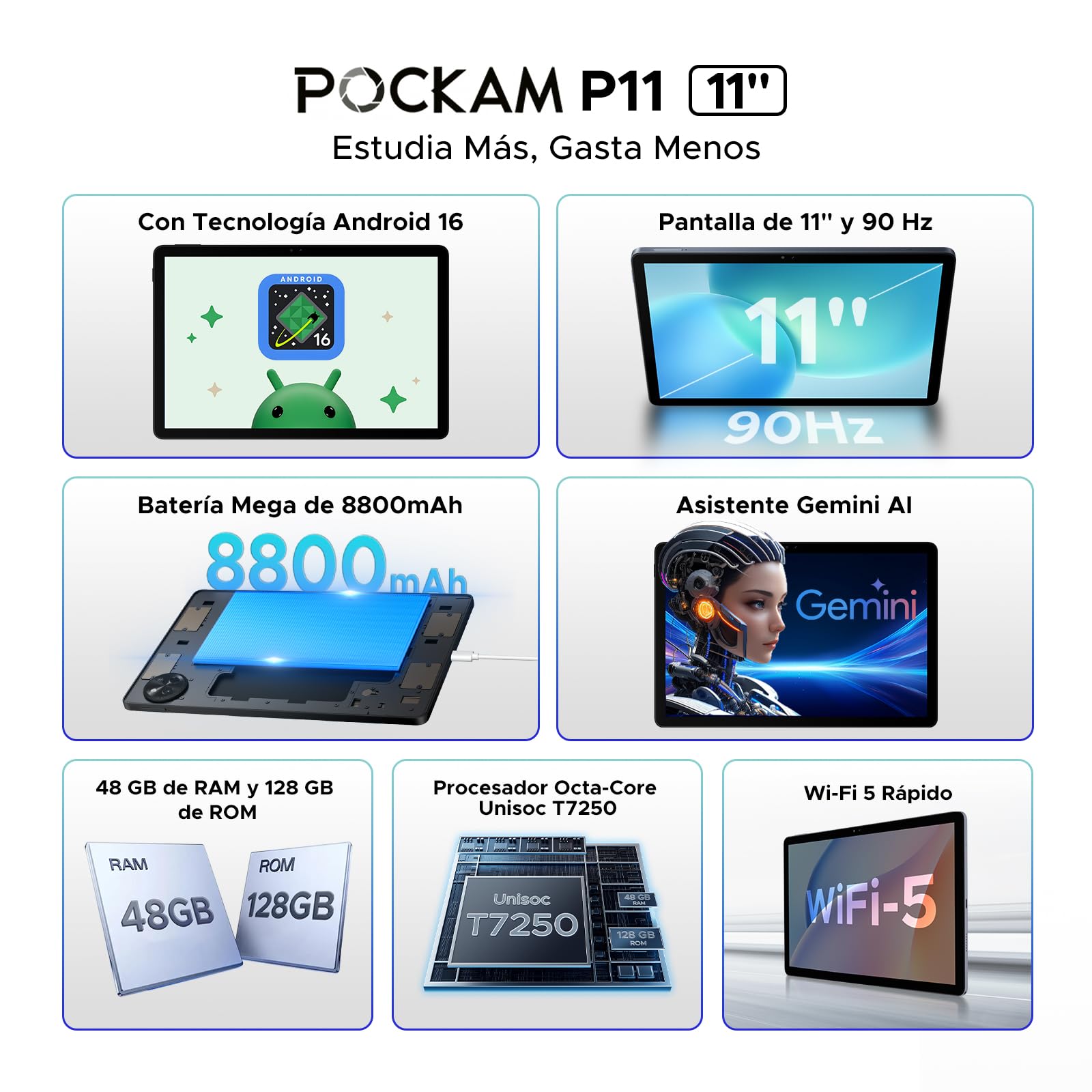 POPUX P11 Tablet Android 16, Tablet 11 Pulgadas con 48GB RAM+128GB ROM/TF 2TB, T7250 Tablets Android con 90Hz Display, 8800mAh, 13MP+5MP, Gemini AI, Widevine L1, 5G WiFi, Teclado, Lapiz, Negro - 3
