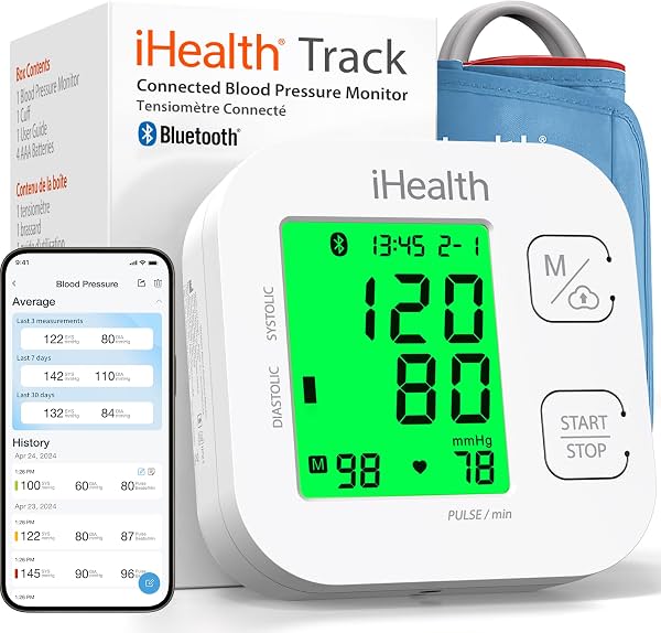 iHealth Track Monitor de presión arterial inteligente para brazo con brazalete de rango amplio | Monitor de presión arterial Bluetooth para brazos de adultos estándar a grandes, compatible con iOS y Android