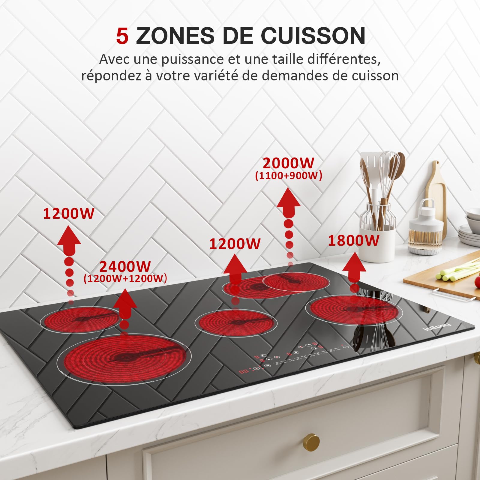 Piano Cottura in Vetroceramica 5 Fuochi, Piano Cottura Elettrico, 77cm, 8600W, 4 Zone di Cottura, 9 Livelli di Riscaldamento, Timer, Controllo Tocco, Sicurezza Bambini