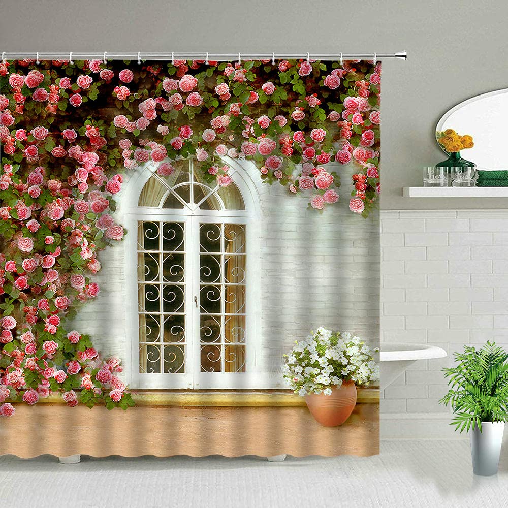 KOTOM Duschvorhang Mit 3D-Blumenmuster – Rosmarin & Schmetterlinge Auf Holzoptik, 122 X 178 Cm