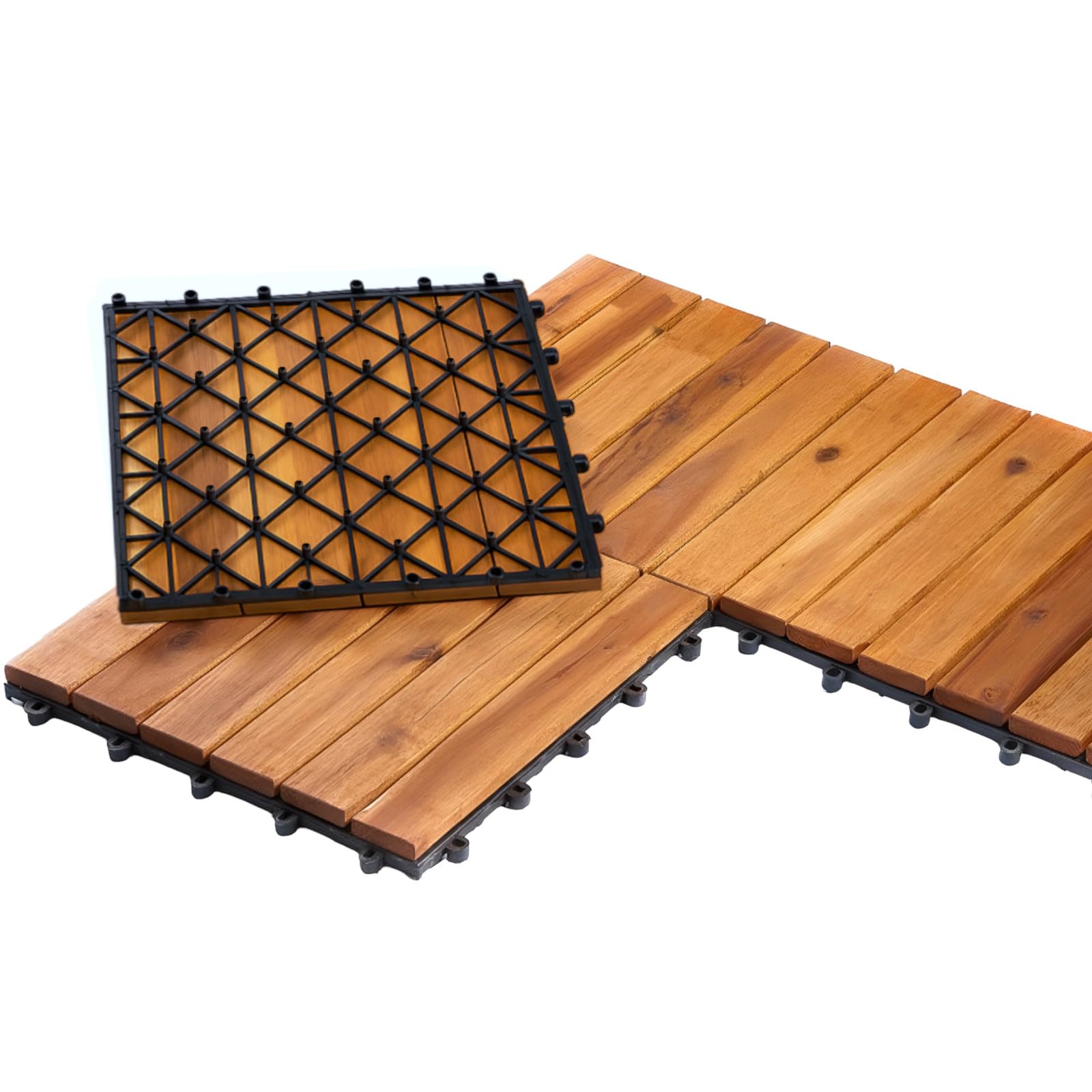 Holzfliesen 1 m² Akazien Klickfliesen 30x30 cm Terrassenfliesen Balkon | BURI, 11 Stück, wetterfest, UV-beständig, Stecksystem, Außenbereich, Garten, rutscharm, Massivholz, langlebig