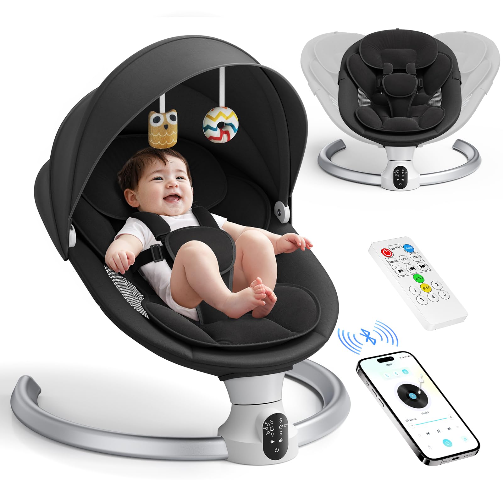 Helangel Altalena per neonati, dondolo elettrico per bambini con app e telecomando, imbracatura a 5 punti aggiornata, 10 musiche Bluetooth e 5 velocità, resiste a 9 kg