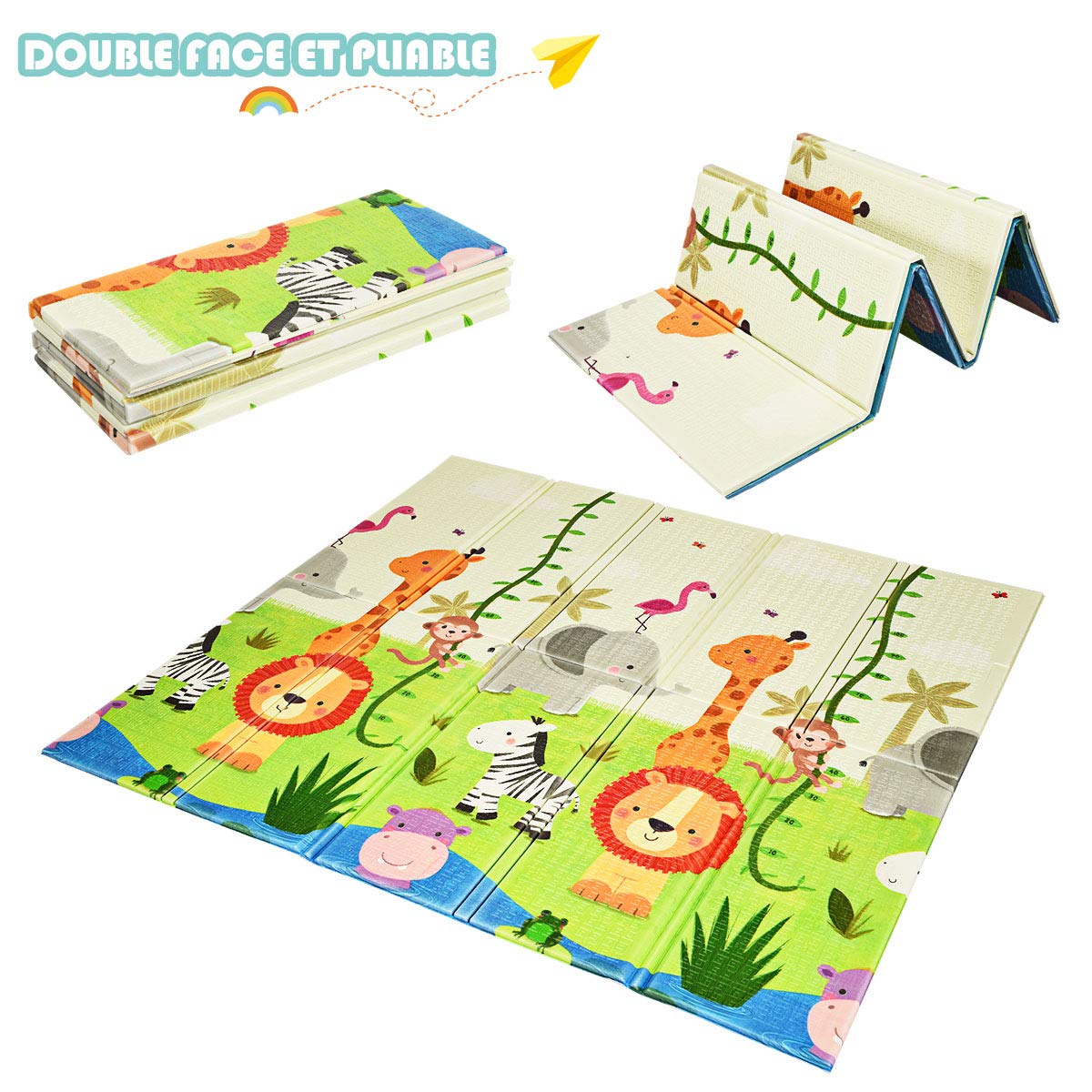COSTWAY Tapis de Jeu Bébé Pliable 200x180x1,4cm avec Sac de Transport, Tapis de Sol XXL en XPE Imperméable et Réversible avec Motif Lion, Tapis d'éveil Double Face