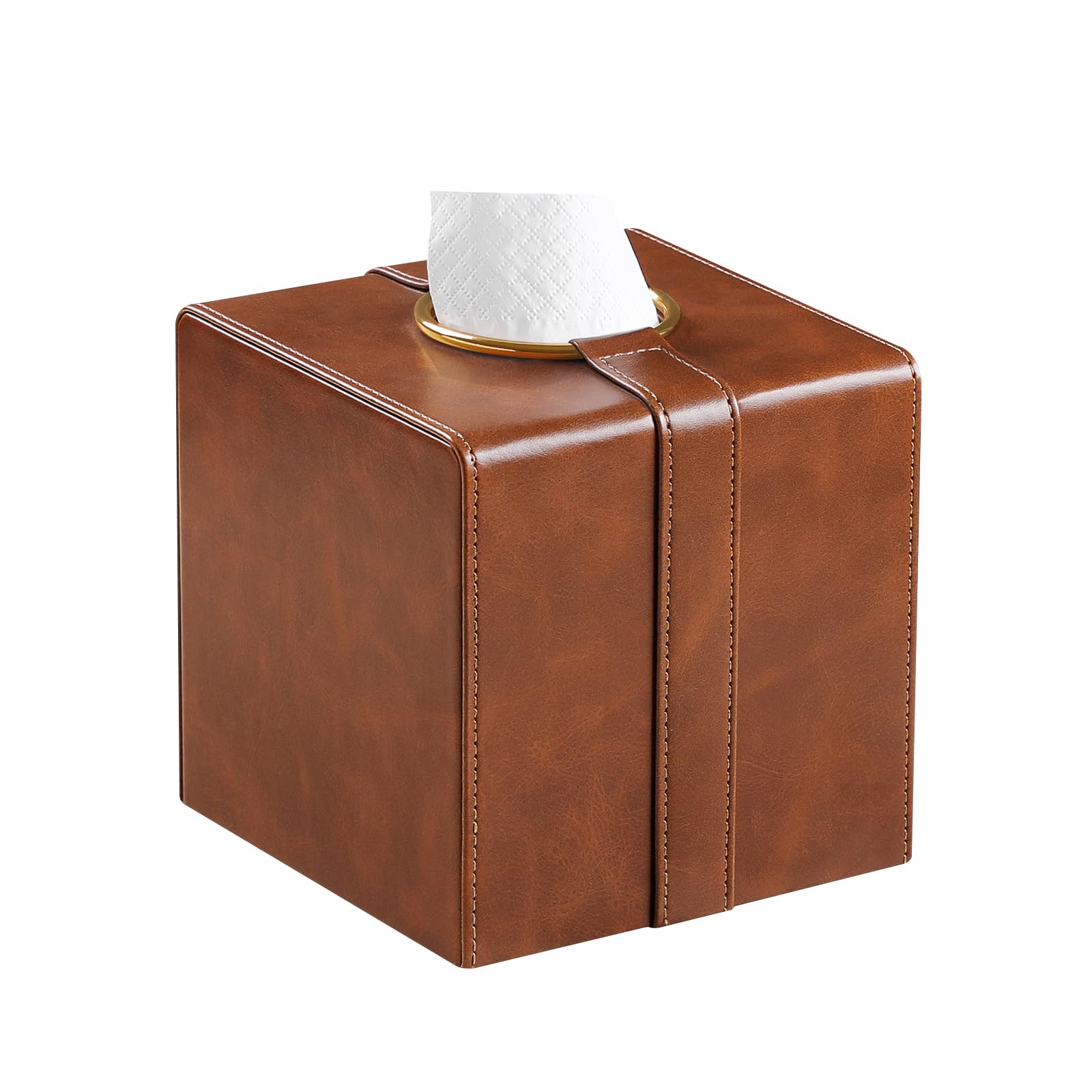 Square Tissue Box Cover with Magnetic Closure, Luxury PU Leather Tissue Holder for Bathroom, Countertop, Office (Brown)