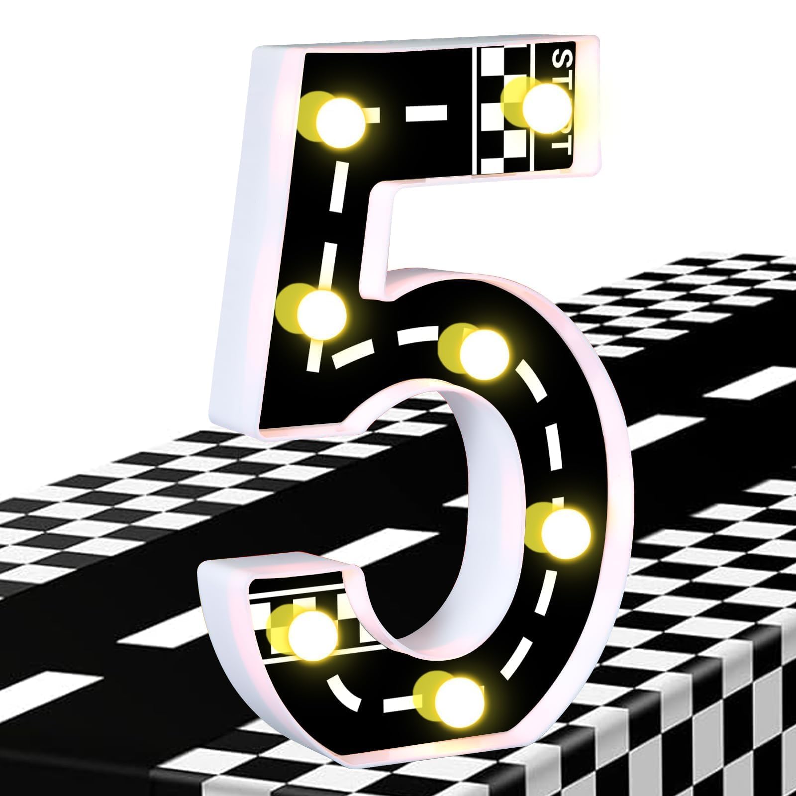 8.5" Racing Car Light up Numbers for Party Cars Birthday Decorations Birthday Light up Sign Racetrack Inspired Decor Cars Theme Birthday Party Decorations Night Light for Racing Party Supplies (Number 5)