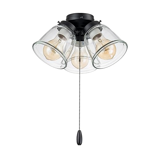 Aspen Creative 22012-1, Three-Light Ceiling Fan Light Kit with Pull Chain, Matte Black Finish with Clear Glass Shades, 13-1/8" Diameter x 6-3/4" Height