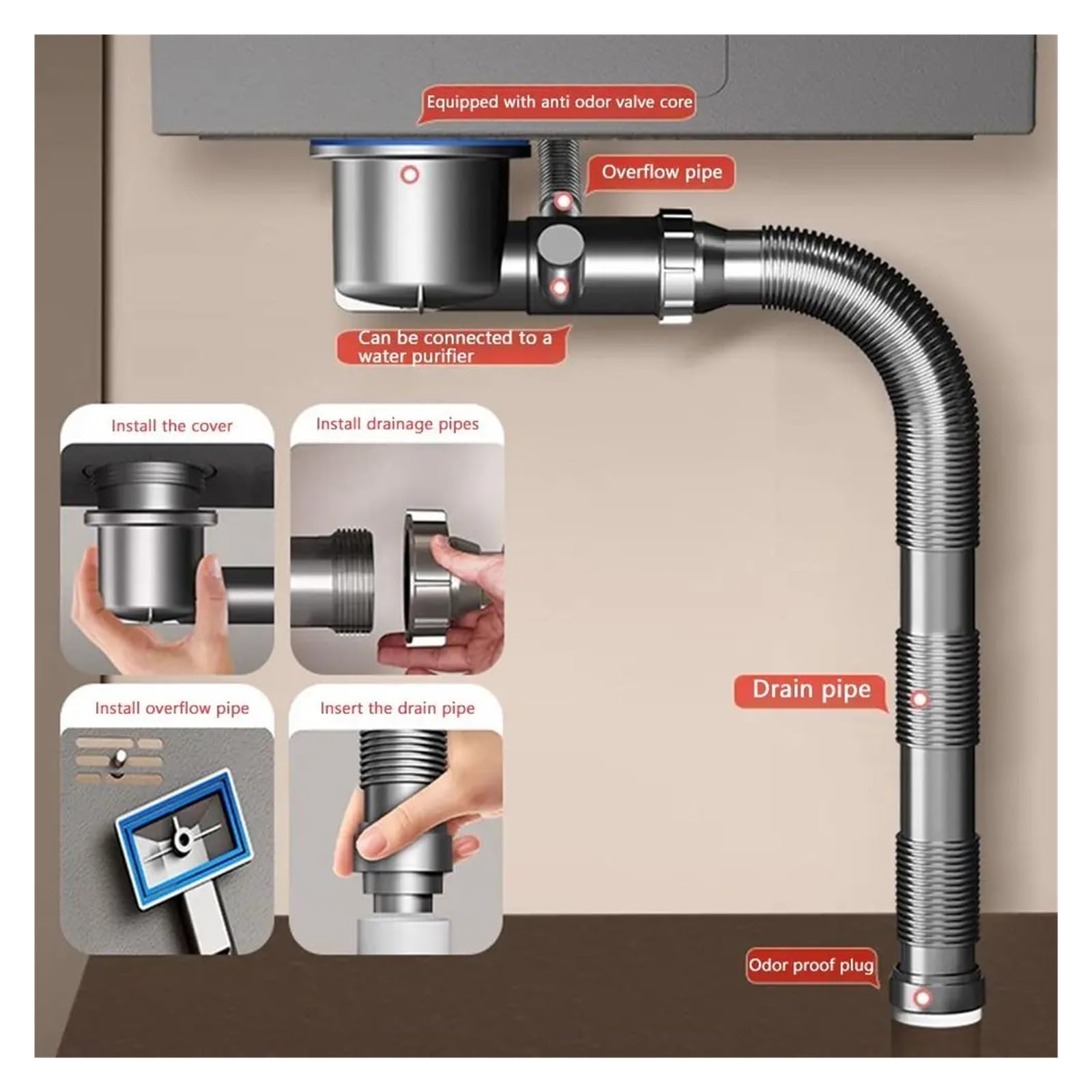 Desague Fregadero Tubería de drenaje del fregadero, juego extensión bajante retráctil, diseño Flexible, antiobstrucción, fácil instalación para Lavabo