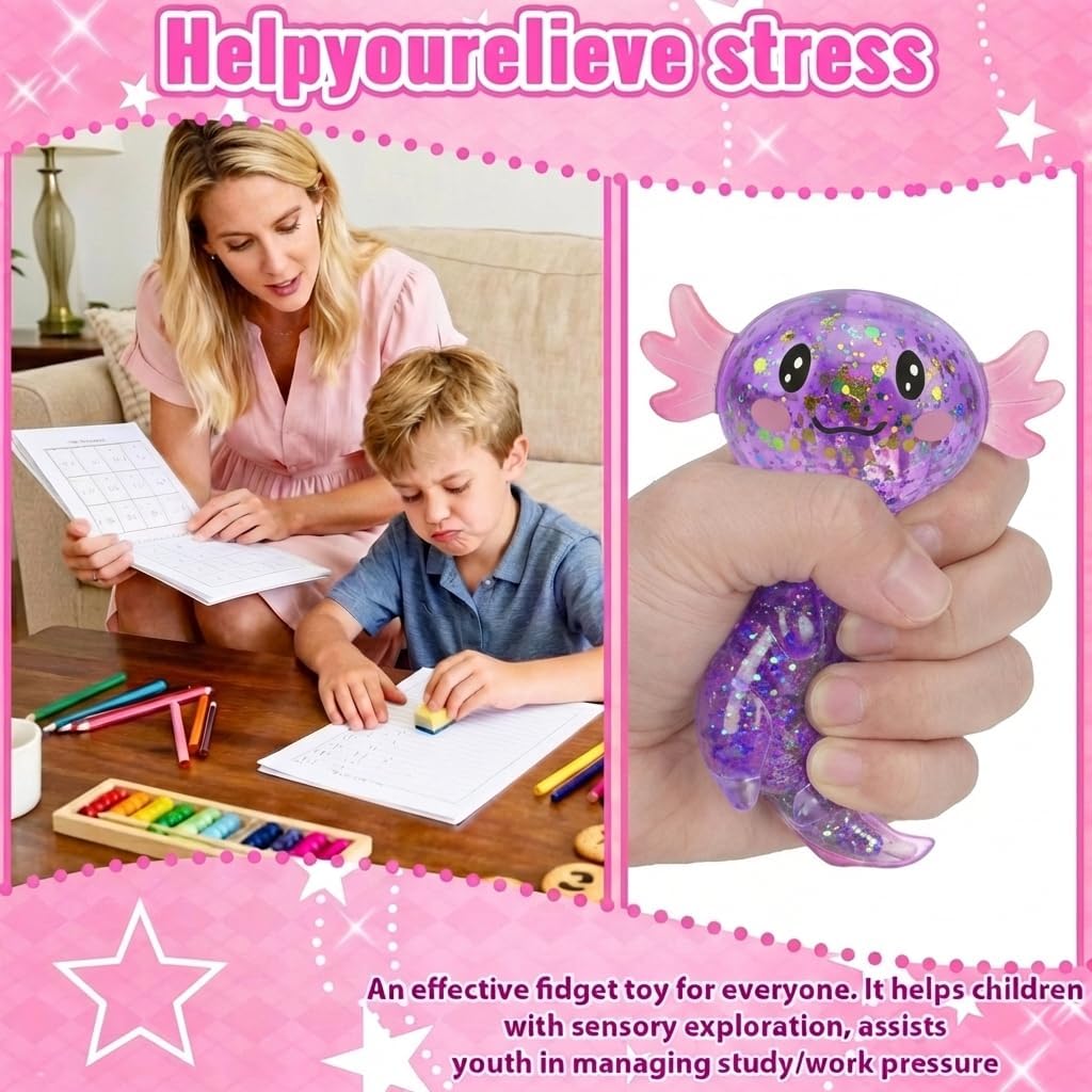Axolotl Squishy Stress Relief Toy – Glitter Fidget Toy Cute Salamander Squeeze Toy for Kids & Adults, Sensory Anxiety Relief Squishy Toy, Party Favor Desk Fidget (Purple)