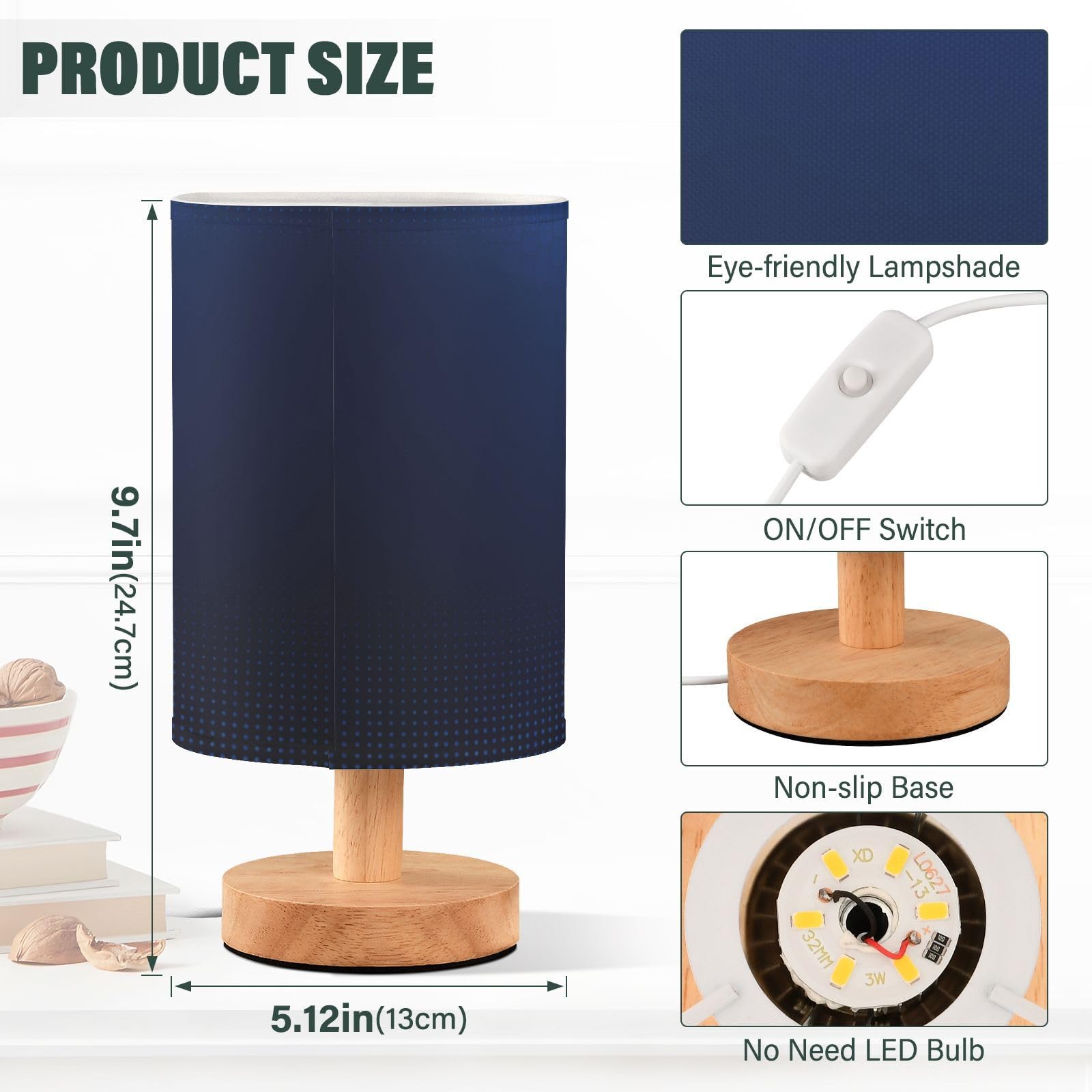 Niebieska lampka nocna LED do sypialni, klosz z tkaniny z drewnianą podstawą i portem USB, idealna do czytania w biurze, salonie, pokoju dziecięcym