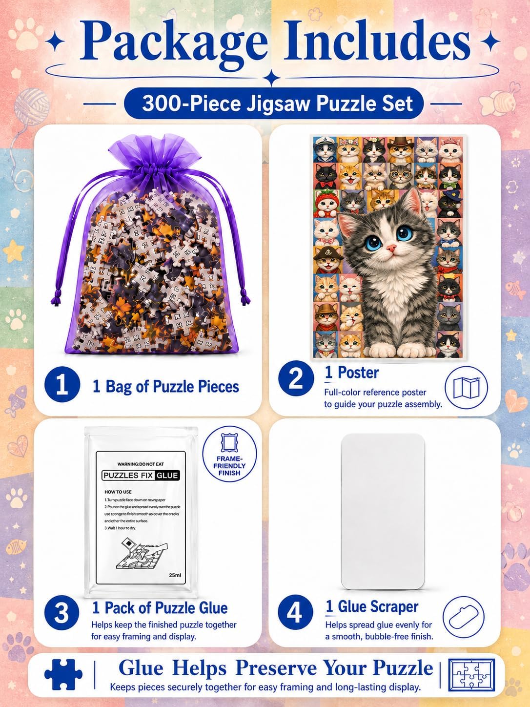 300 Piece Funny Cats Jigsaw Puzzle for Adults with Glue and Scraper image 4