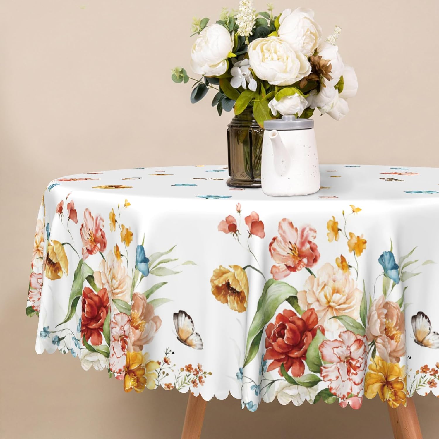 Colorful Floral Round Tablecloth 60 Inch Spring Peony Glory Butterfly Dragonfly Print Table Cloth Polyester Waterproof Reusable Flower Table Cover for Garden Party Kitchen Picnic Patio Decor