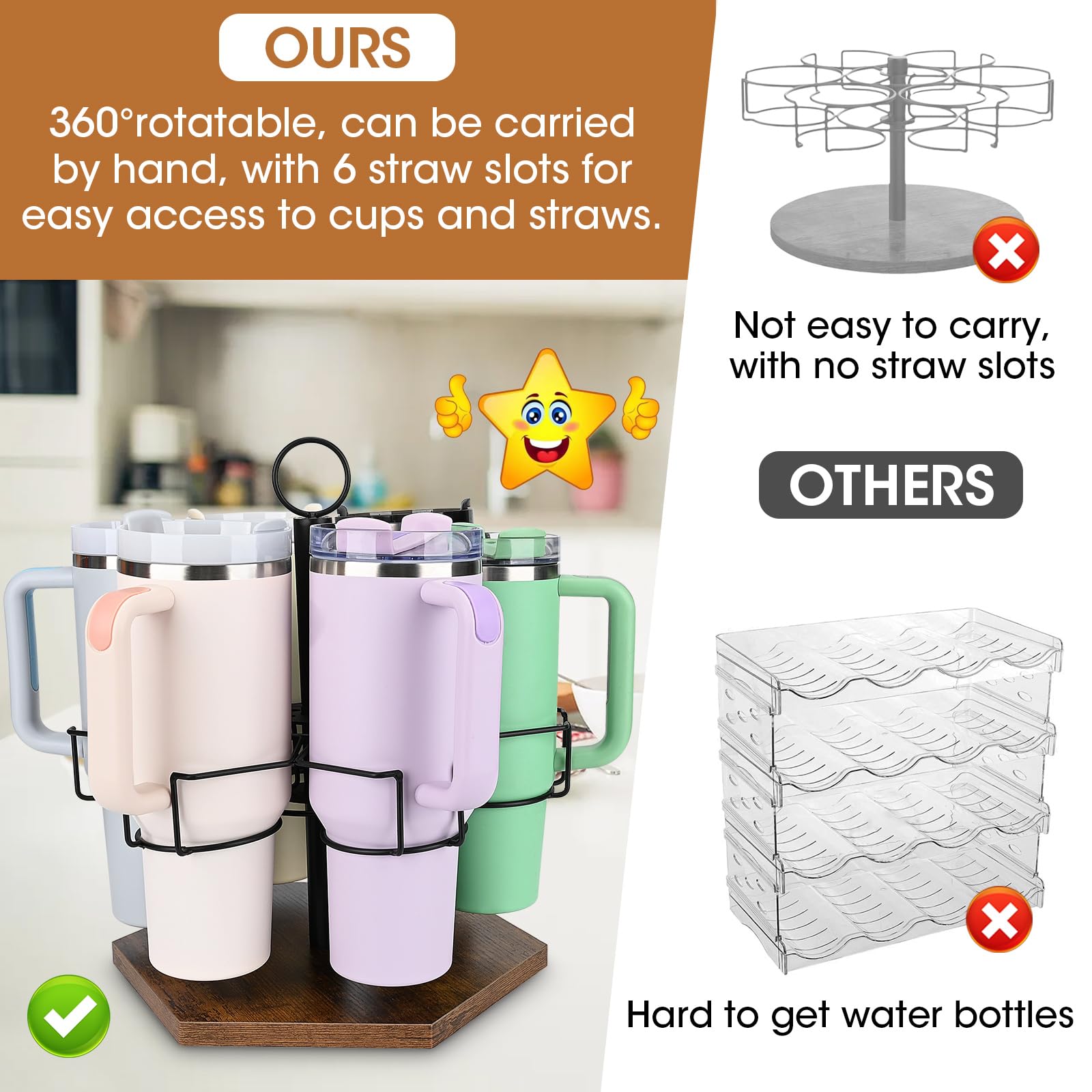Support Rotatif Pour Gourdes Stanley 40 Oz - Organisateur 6 Places - Base Bois, Structure Acier - Vintage Brun - Idéal Collectionneurs