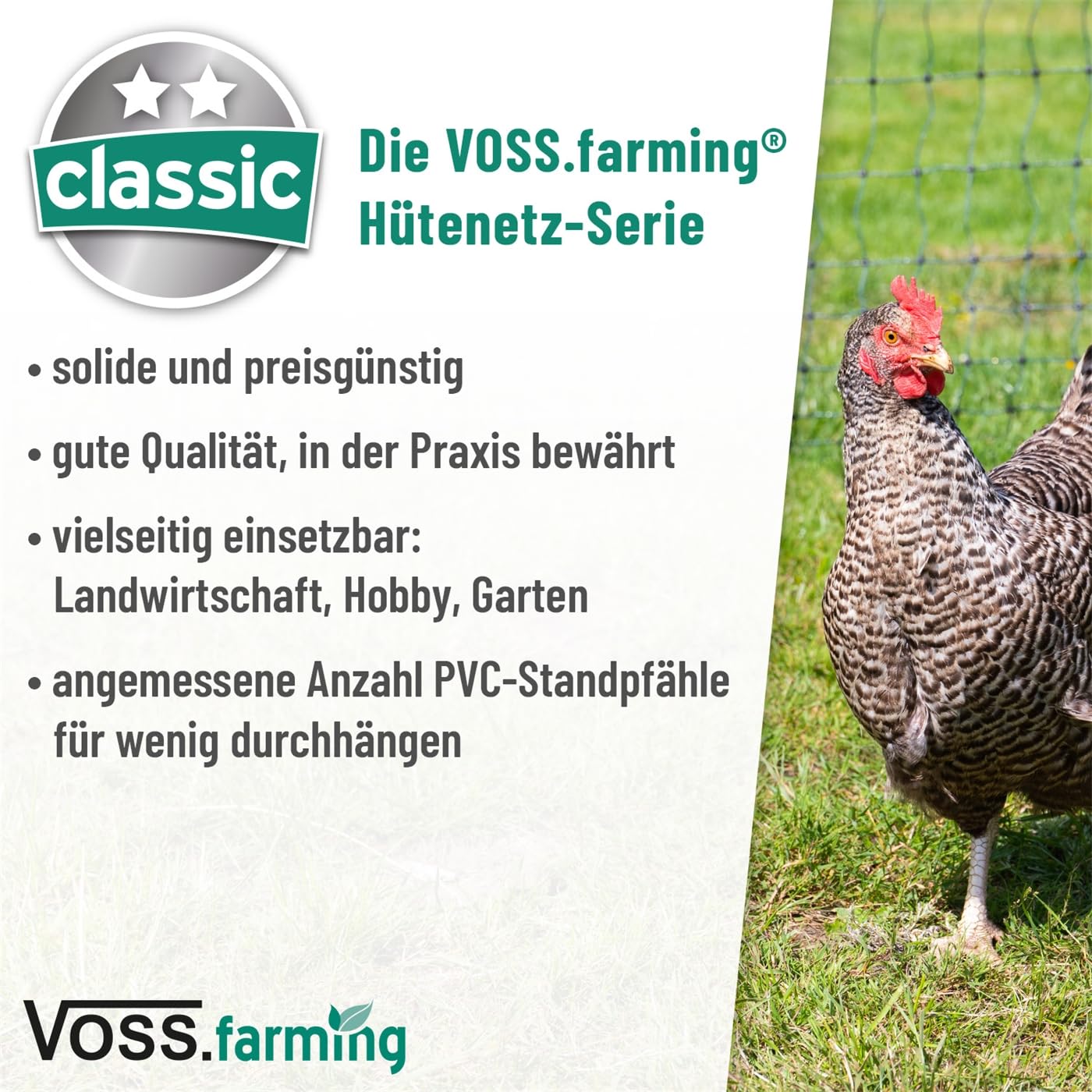 VOSS.farming 15m Hundezaun, Katzenzaun, Hühnerzaun, Geflügelzaun, Geflügelnetz, 112cm, 6 Pfähle, 2 Spitzen, grün Classic